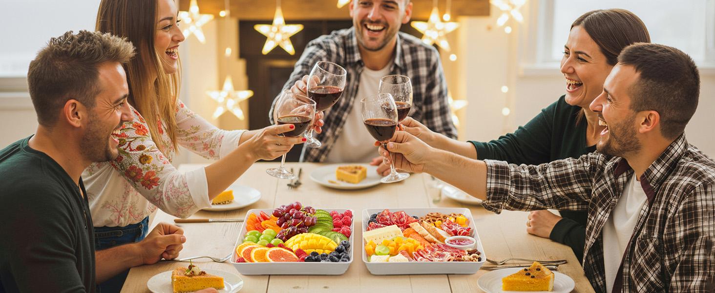 Serving Tray for Party Supplies, Reusable Serving Platter for Catering, Snack, Fruit, Charcuterie, Appetizer, Plastic Food Trays, Hosting Essentials, BPA Free, White, 4 Pcs