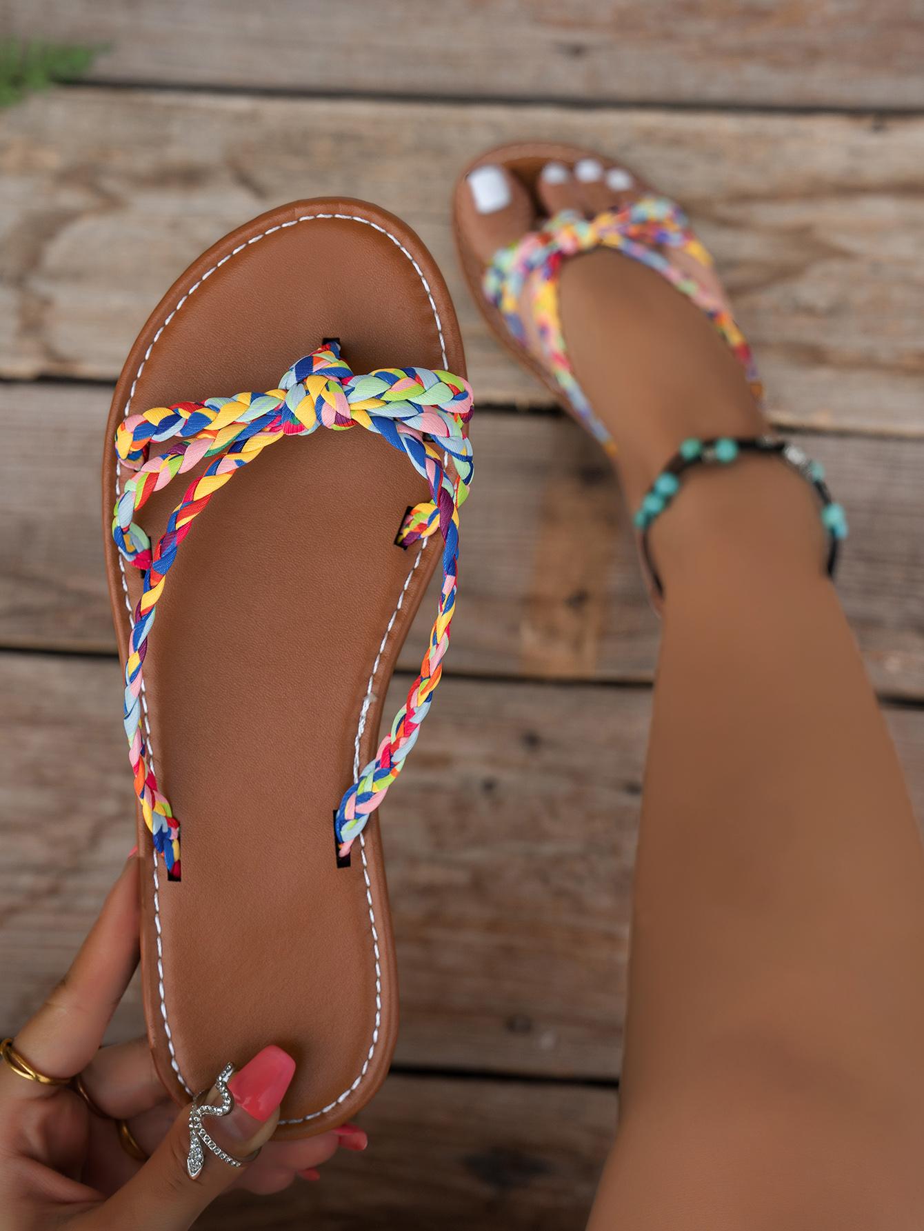 Boho Ethnic Braided Band Sandals for Women, Bohemian Woven Flip Flops for Beach & Poolside, Textile Upper, Rubber Sole