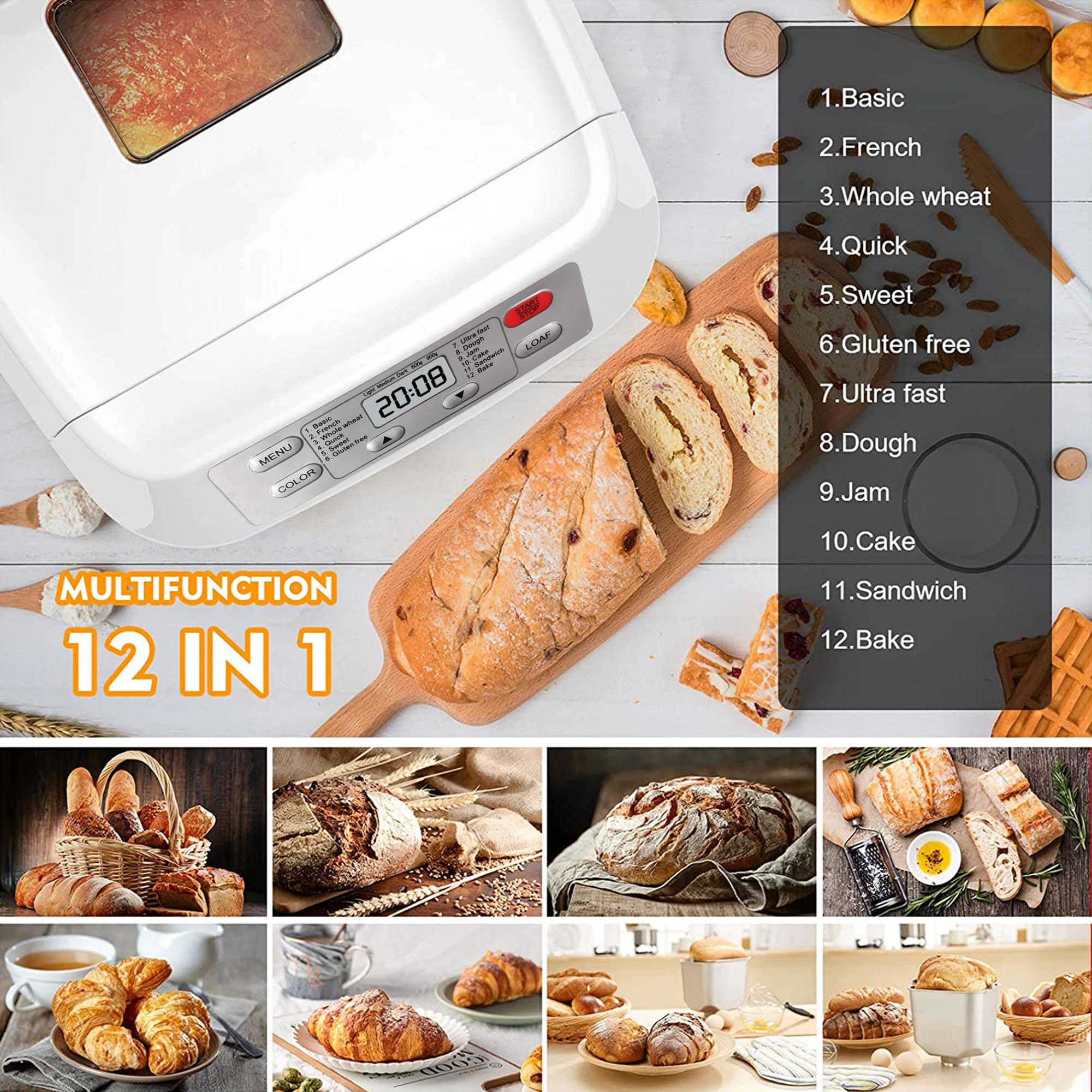 Automatic Bread Maker, Up to 2LB, 12-in-1 Bread Machine with Auto Fruit Nut Dispenser, 13 H Timer, 1 H Keep Warm, Gluten-Free, 3 Crust Colors
