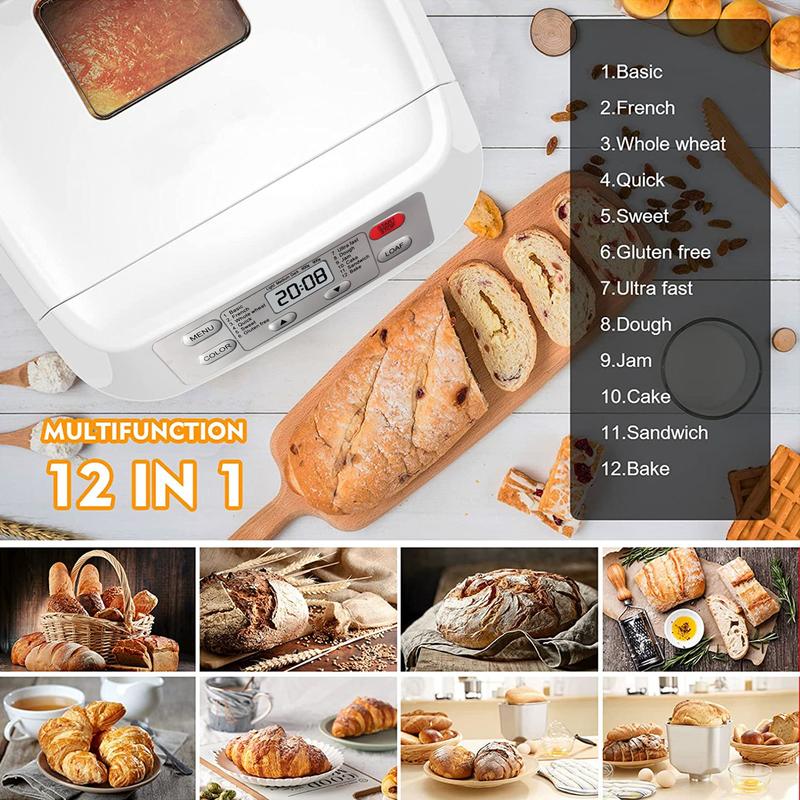 Automatic Bread Maker, Up to 2LB, 12-in-1 Bread Machine with Auto Fruit Nut Dispenser, 13 H Timer, 1 H Keep Warm, Gluten-Free, 3 Crust Colors