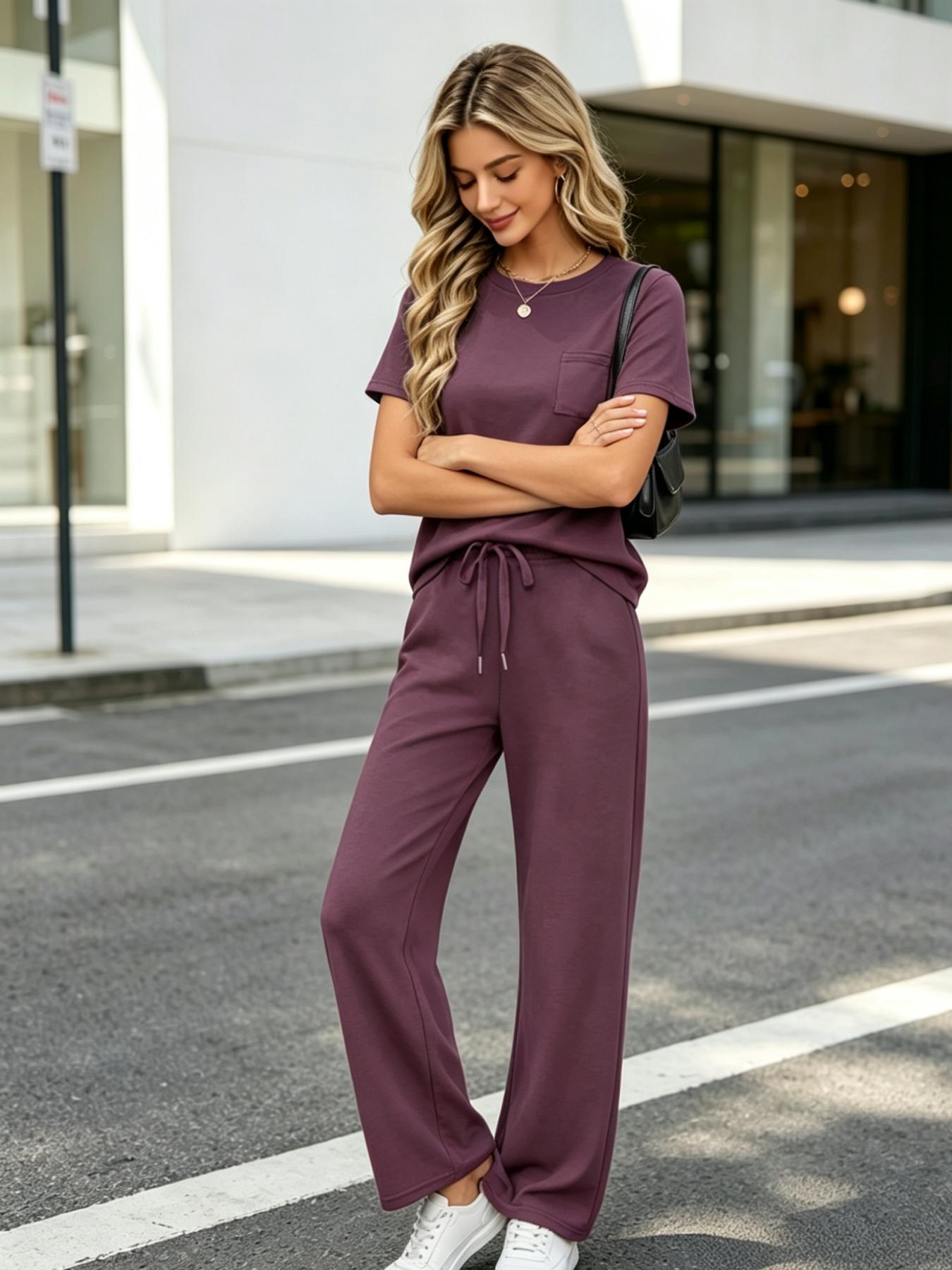 Women's Fashion Solid Color Casual Round Neck Pocket T-Shirt + Drawstring Wide Leg Pants Set Loose Fit Slimming Wide Leg Pants Two-Piece Set Suitable for Summer Commuting to Work Shopping Outings Indoor and Outdoor Wear