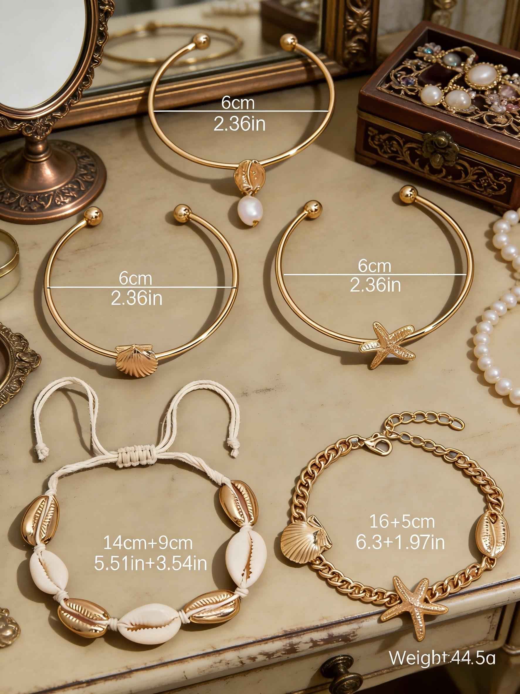 5pcs in 1 Set Beach Element Accessory Set, Featuring Shells and Starfish, Durable Stylish Layered Design, Perfect for Everyday Wear, Trendy Jewelry Set, Elegant Jewelry Set, Fashion Jewelry Set