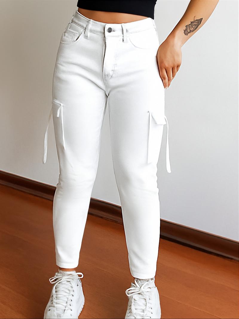 Women's Plain Multi-pocket Denim Cargo Pants, Casual Street Trousers for Daily Wear, Ladies Bottoms for All Seasons
