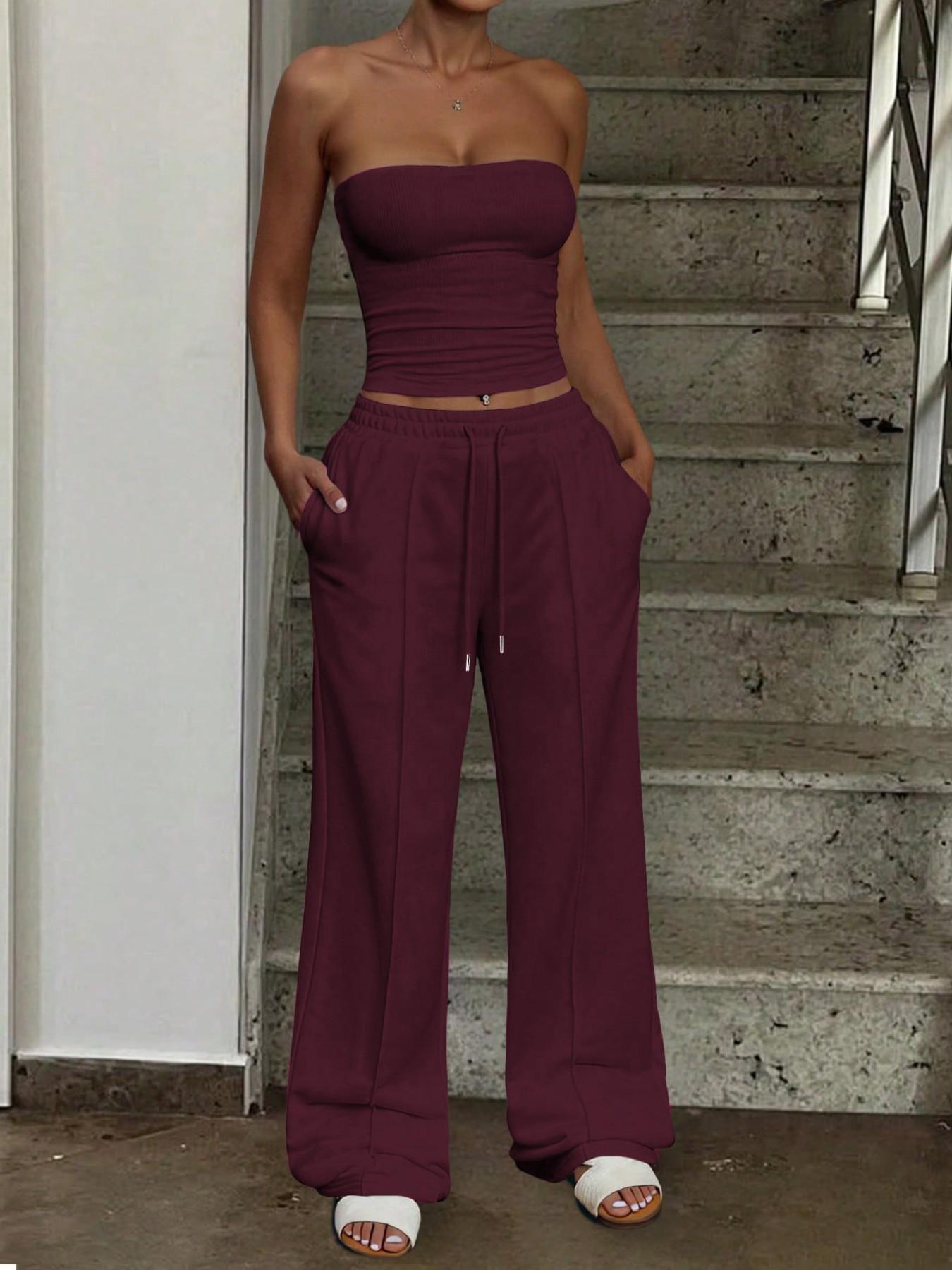 Women's High-End Plain Slim Fit Tank Top & Drawstring Adjustable Wide Leg Pants Set, Comfortable Casual Elastic, Perfect for Daily Wear