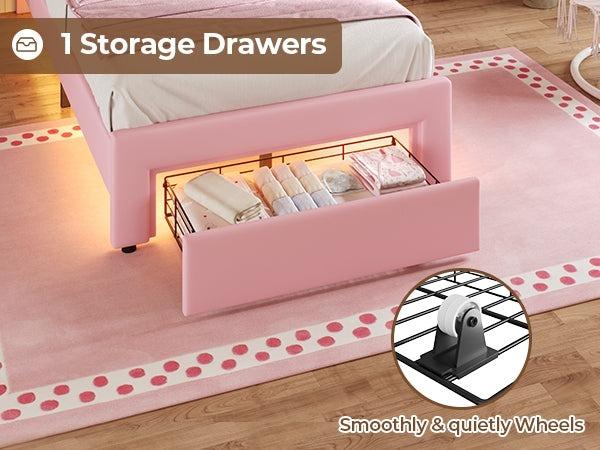 Sikaic Twin Size Velvet Princess Platform LED Bed with Storage Drawers and Adjustable Crystal Button Headboard Pink Comfortable Nursery Design Cute Bedroom