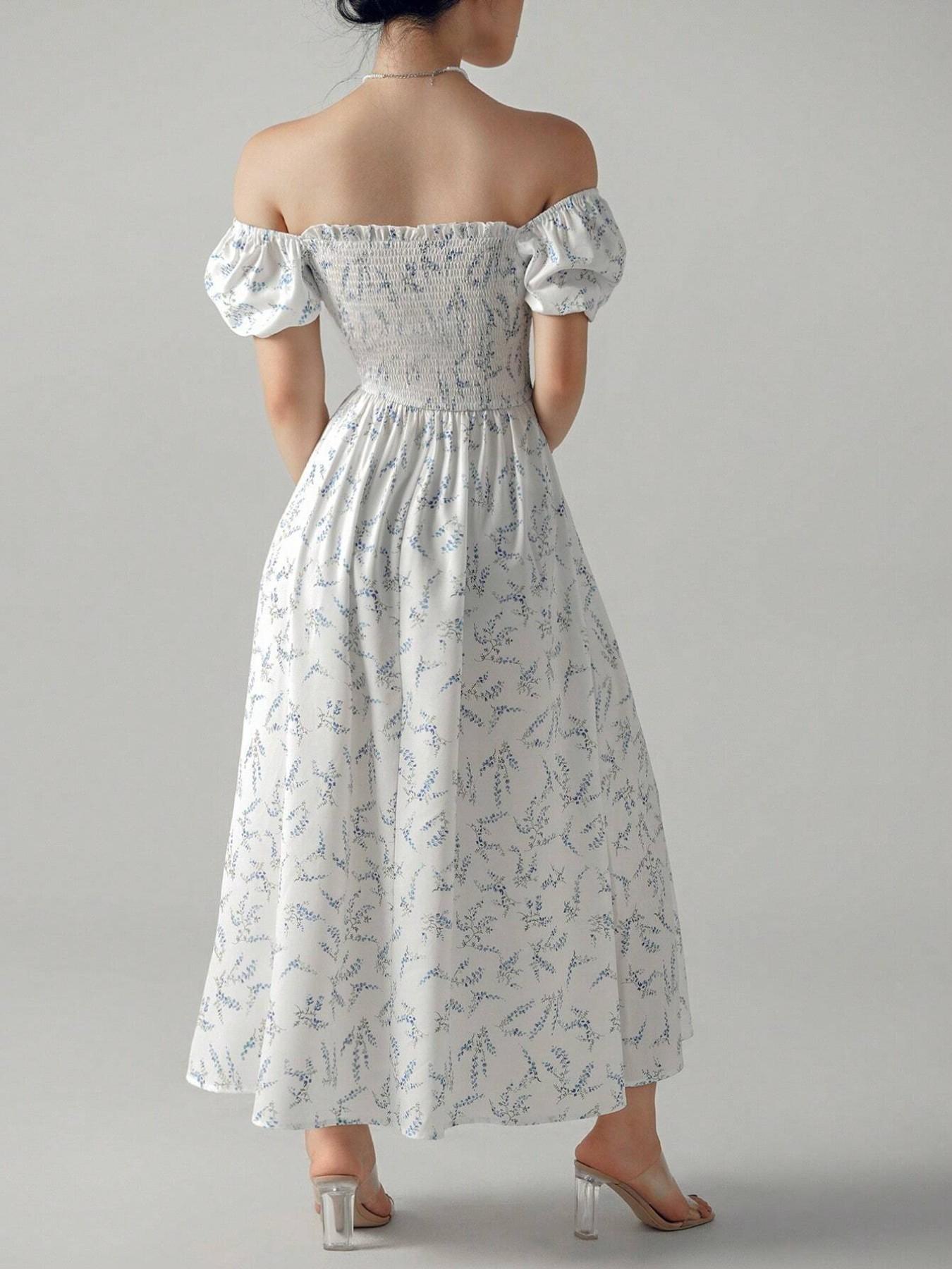 Women's Spring Summer Floral Print Puff Sleeve Dress with Bow Tie, Elegant Fitted Design with Adjustable Square Neck, Long Princess Skirt Womenswear