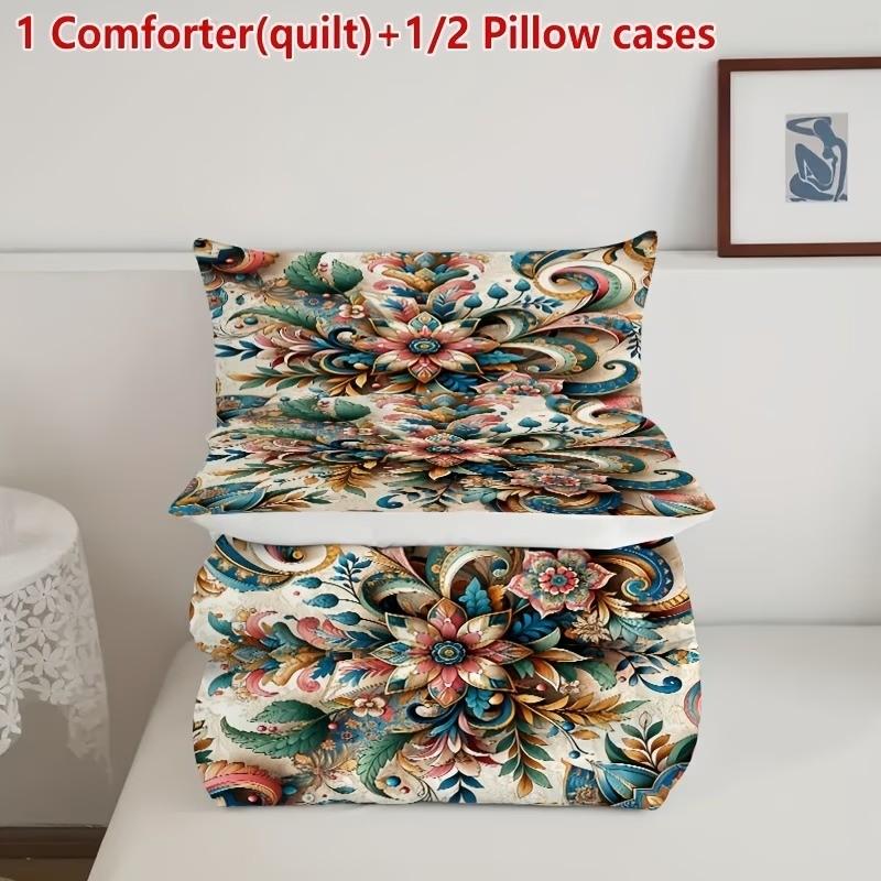 Boho Mandala Floral Print Bedding Set, Soft Breathable Comfort, 3-Piece Suite for Bedroom & Guest Room Decor, Includes 1 Duvet + 2 Pillowcases