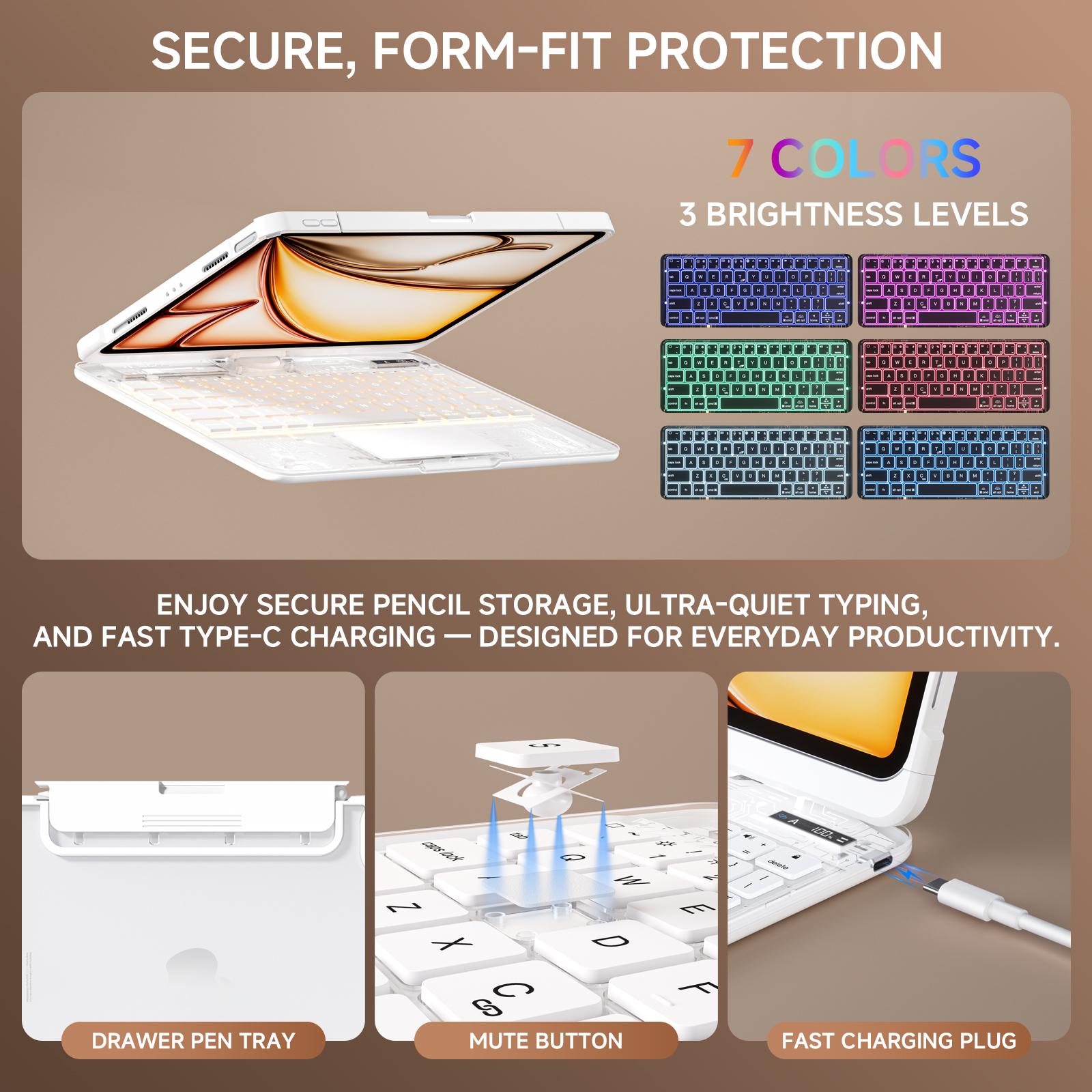 Transparent Design 360° Swivel Keyboard Case Compatible with Apple iPad (8.3'/10.2'/10.9'/11'/12.9'/13 inch )ipad 7-11th(A16)/ipad air(2022-2026) / ipad pro (2018-2025) and ipad mini , Magnetic Pencil Holder, Bluetooth Wireless& Lightweight Build