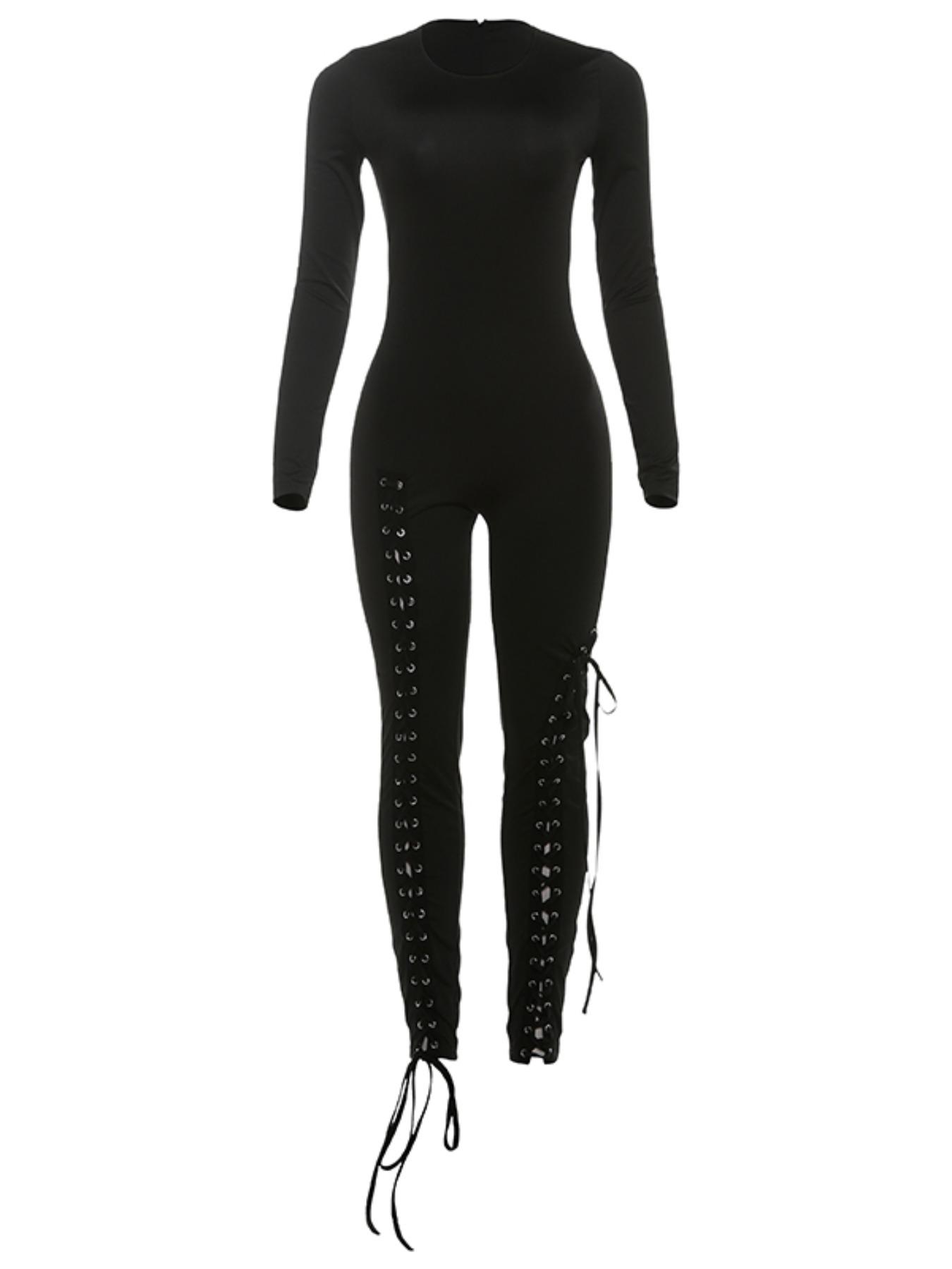 Women's New Fashion Sexy Hollow Out Tie Waist Bodycon Long Romper Jumpsuit, Tight-Fitting Plain Fabric, Fall & Winter Style