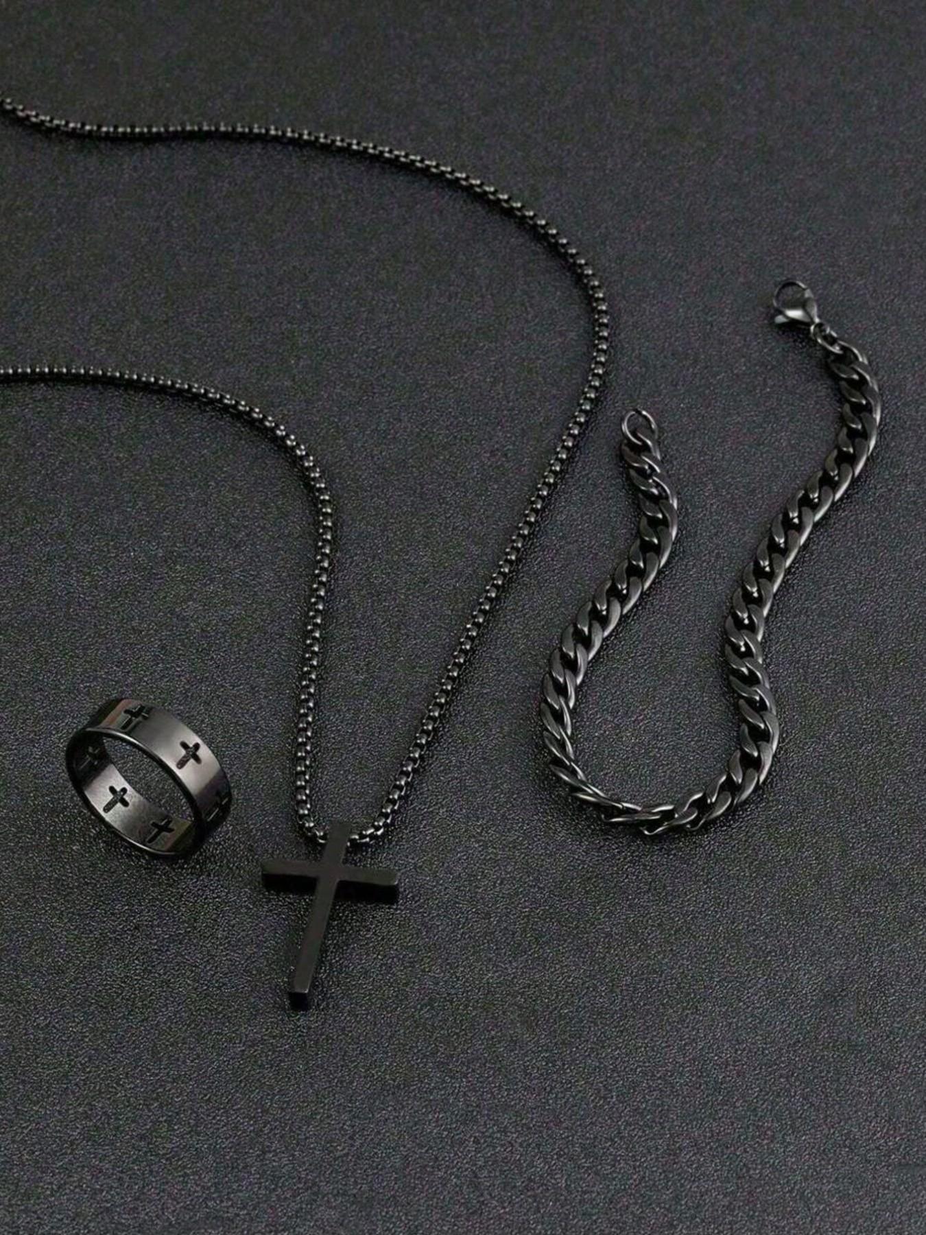3pcs Teen Fashion Multi-Functional Stainless Steel Jewelry Accessories Set, Trendy Jewelry Set, Cross Necklace Bracelet Ring, Perfect Gift, Jewelry for Teens, Accessory Set