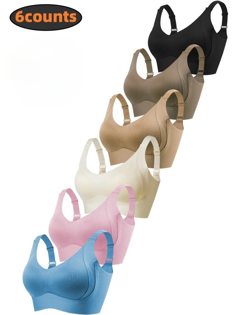 5/6Pack Solid Color Push Up Wireless Bra, Comfortable Breathable Lingerie For Everyday Wear