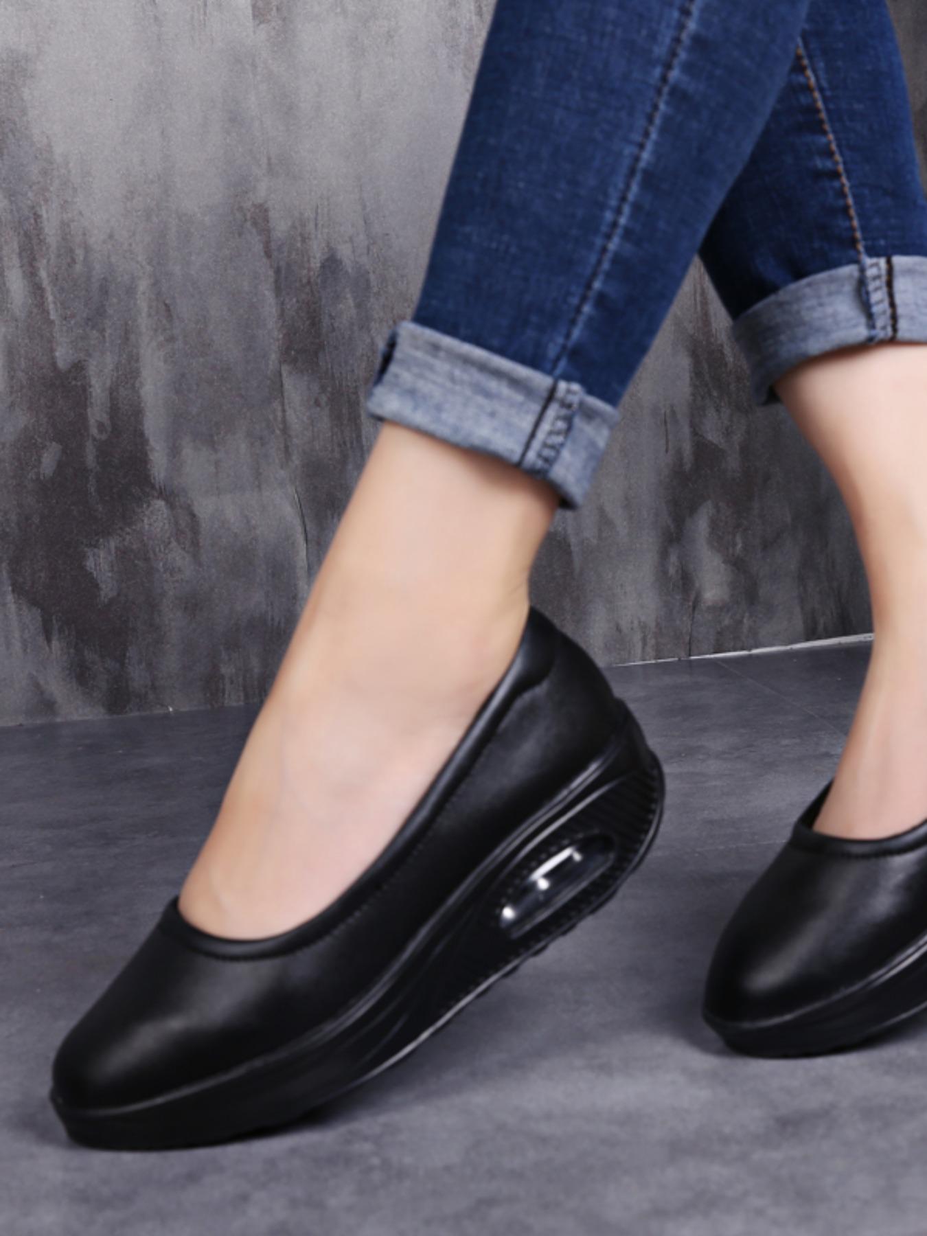Women's Breathable Thick Sole Swing Shoes, Casual Leather Slip-On Sneakers for Spring & Fall, Comfortable Air Cushion Design
