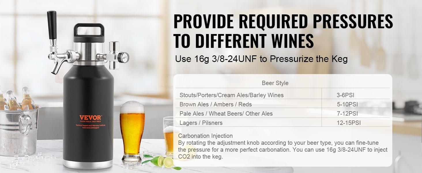 VEVOR Beer Growler Tap System, 64Oz 1.89L Mini Keg, 304 Stainless Steel Pressurized Beer Growler, Keg Growler with Pressure Display, CO2 Regulator Faucet, Leak-Proof Ring For Draft Homebrew Craft Beer