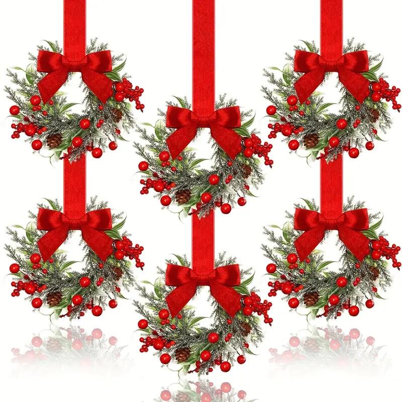 6-Pack Christmas Mini Window Wreaths with Ribbon Bows & Red Berries - Small Cabinet Hangers, Farmhouse Style Kitchen Door Decor for Christmas Party Arrangements