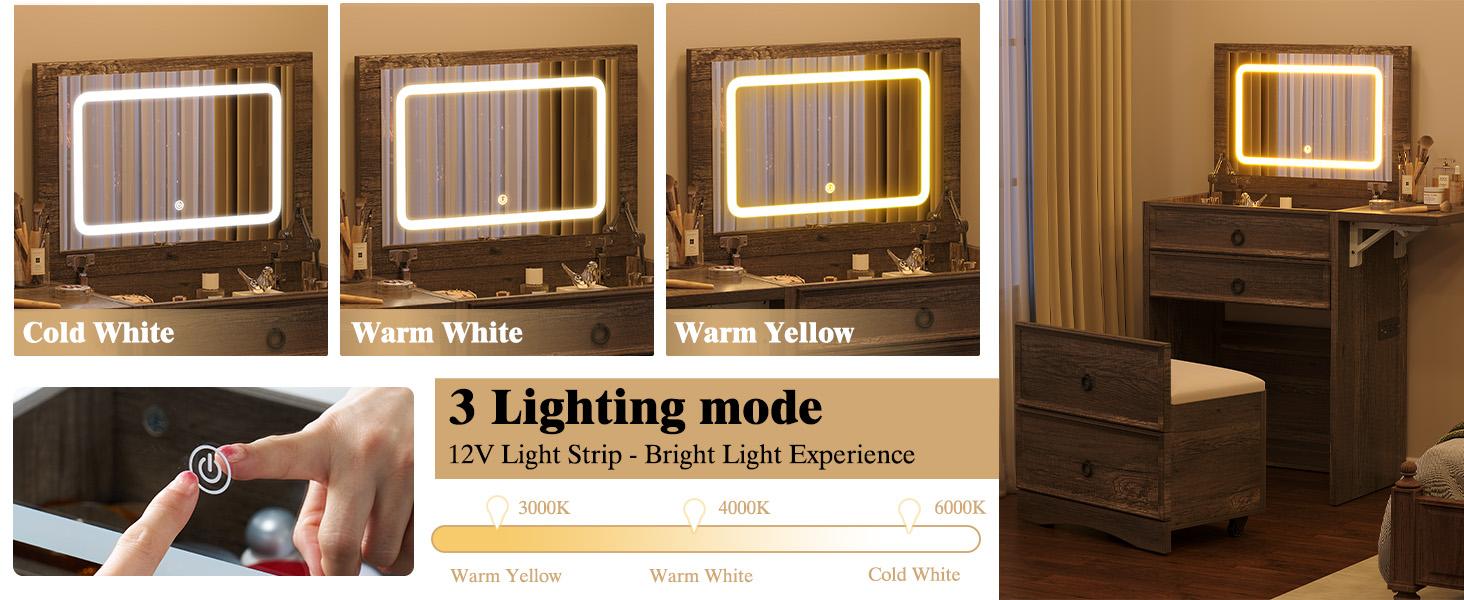 VanAcc 3-in-1 Vanity Set with LED Lighted Flip Top Mirror, Small Makeup Vanity Table with Fold-Up Panel, Hidden Stool and Charging Station, Versatile Vanity for Bedroom, Dressing Room, Sturdy and Durable