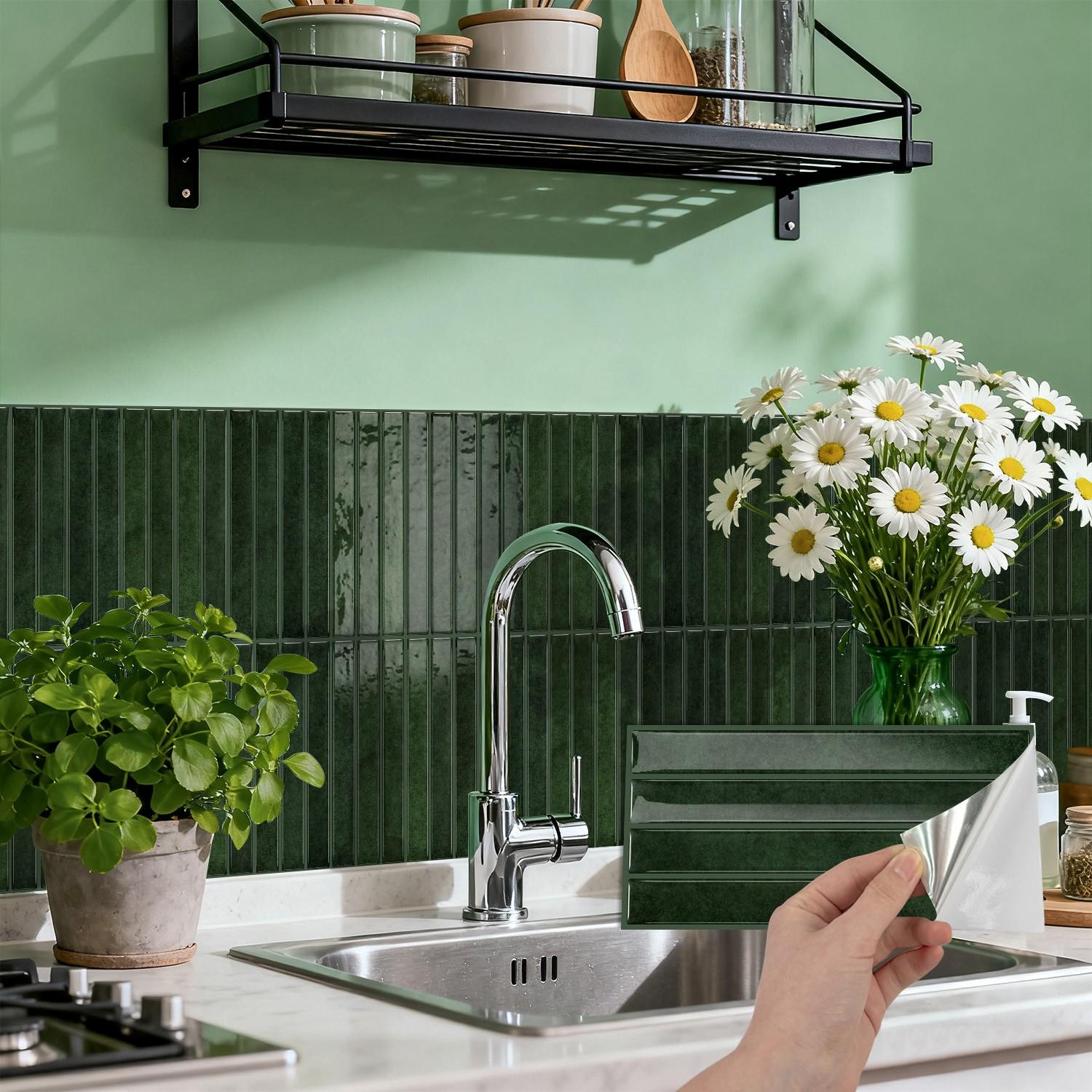 3D Emerald Vertical Stripe Self-Adhesive Wall Sticker, Waterproof Impact-Resistant Soundproof, Kitchen Backsplash Renovation, French Vintage DIY Decor