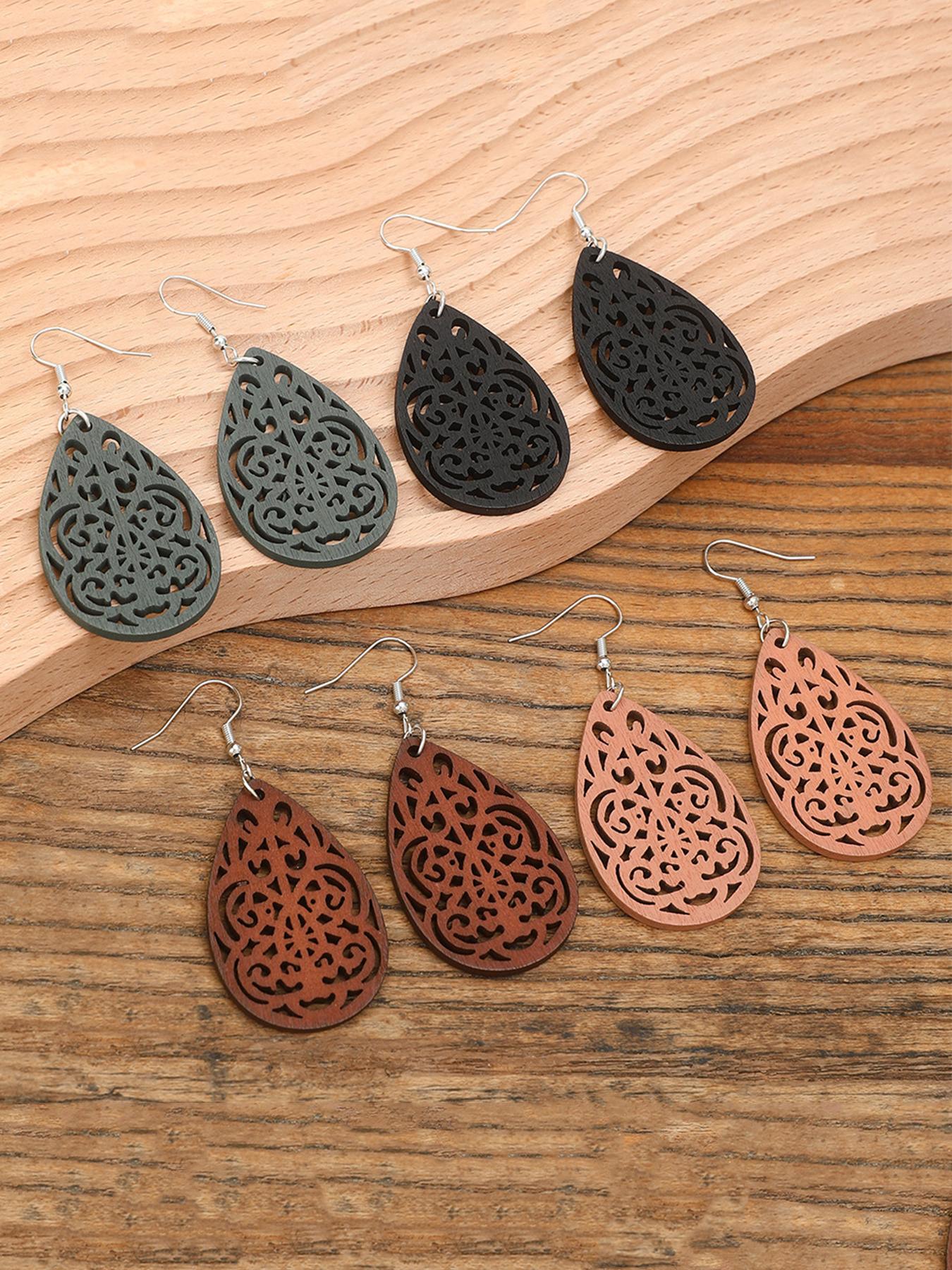 4 Pair Boho Hollow out Design Wooden Dangle Earrings, Vintage Style Water Drop Ear Jewelry for Women, Casual Jewelry for Party, Daily Clothing Decor