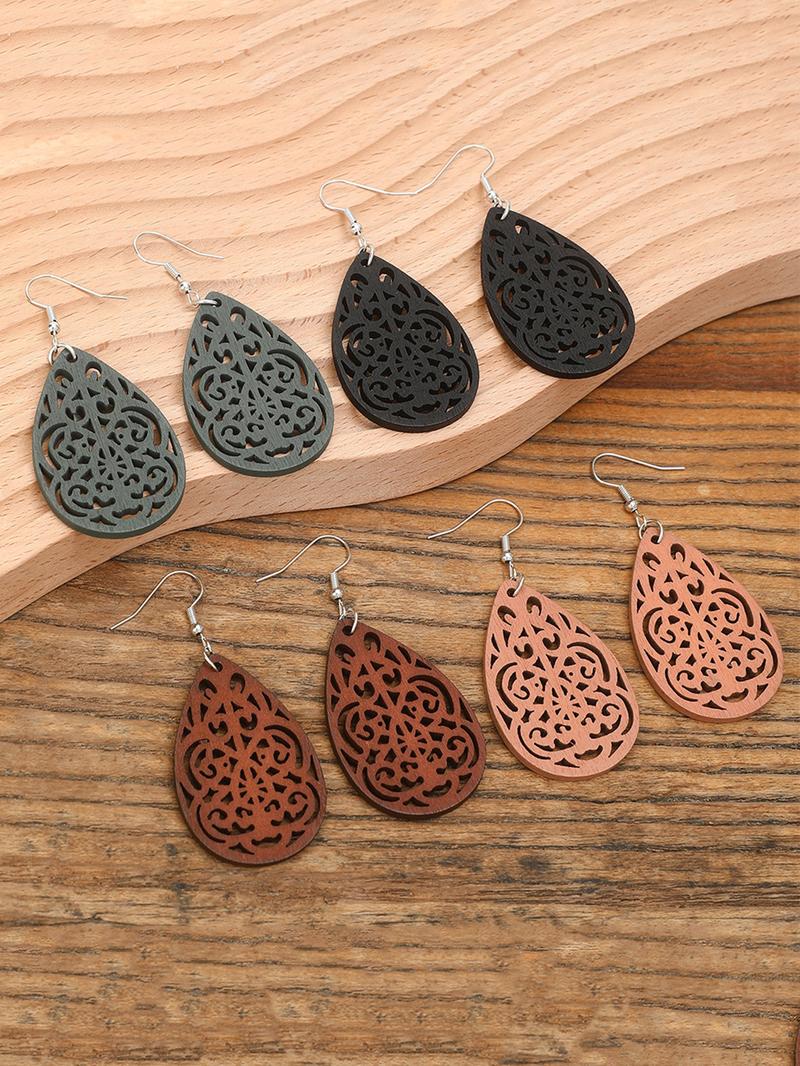 4 Pair Boho Hollow out Design Wooden Dangle Earrings, Vintage Style Water Drop Ear Jewelry for Women, Casual Jewelry for Party, Daily Clothing Decor