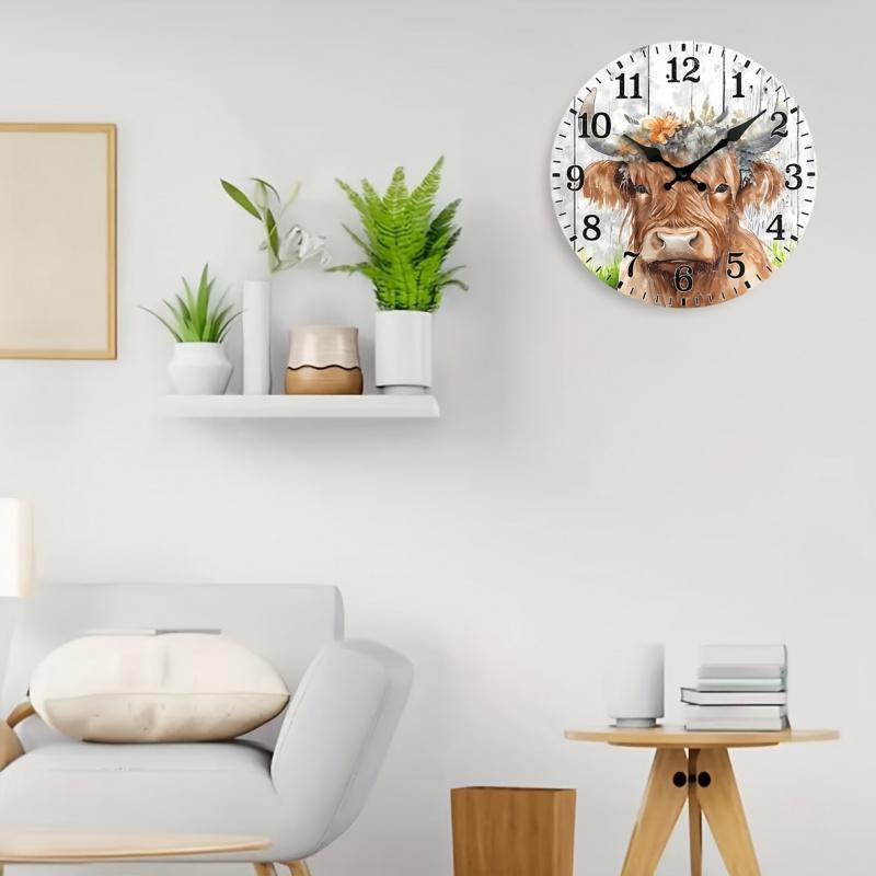Vintage Flowers Scottish Highland Cow Wall Clock with Floral Pattern - Silent Non-Ticking Wooden Digital Clock, Creative Decorative Clock, for home decor, Rustic Home Gift (AA Batteries Not Included), Large Digital Display