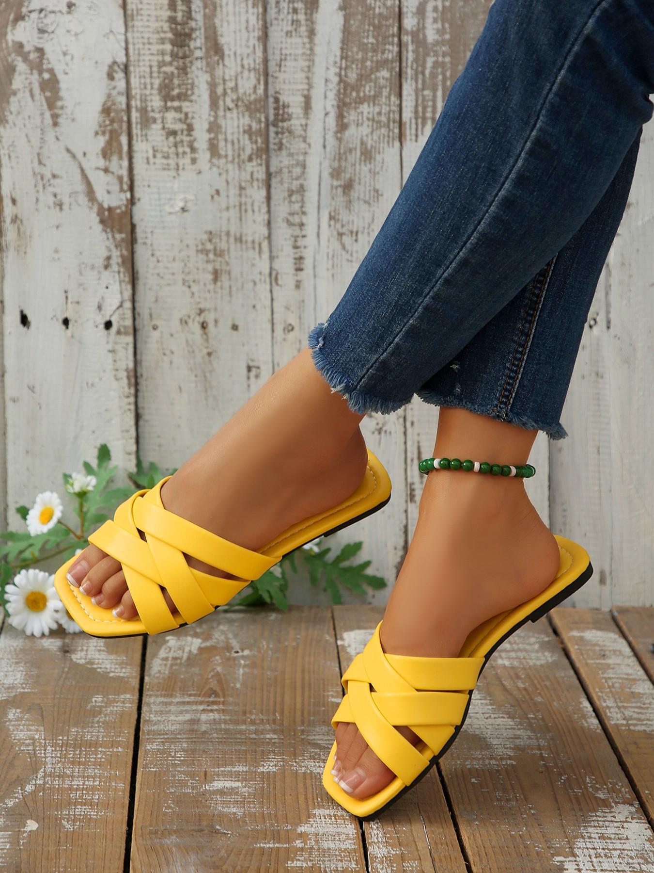 Women's Flat Square Toe Cross-Over Braided Slip-On Shoes, Comfortable Outerwear Footwear, Stylish and Practical Design for Daily Wear