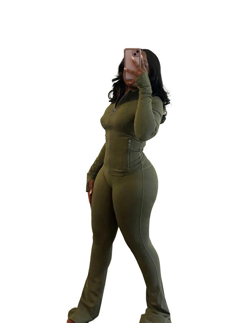 Women's Solid Long Sleeve Zip Up Jacket & Flare Leg Skinny Pants Two-piece Set, Casual Fashion Cozy Outfits for Daily Outdoor Wear, Women Clothes for Fall & Winter