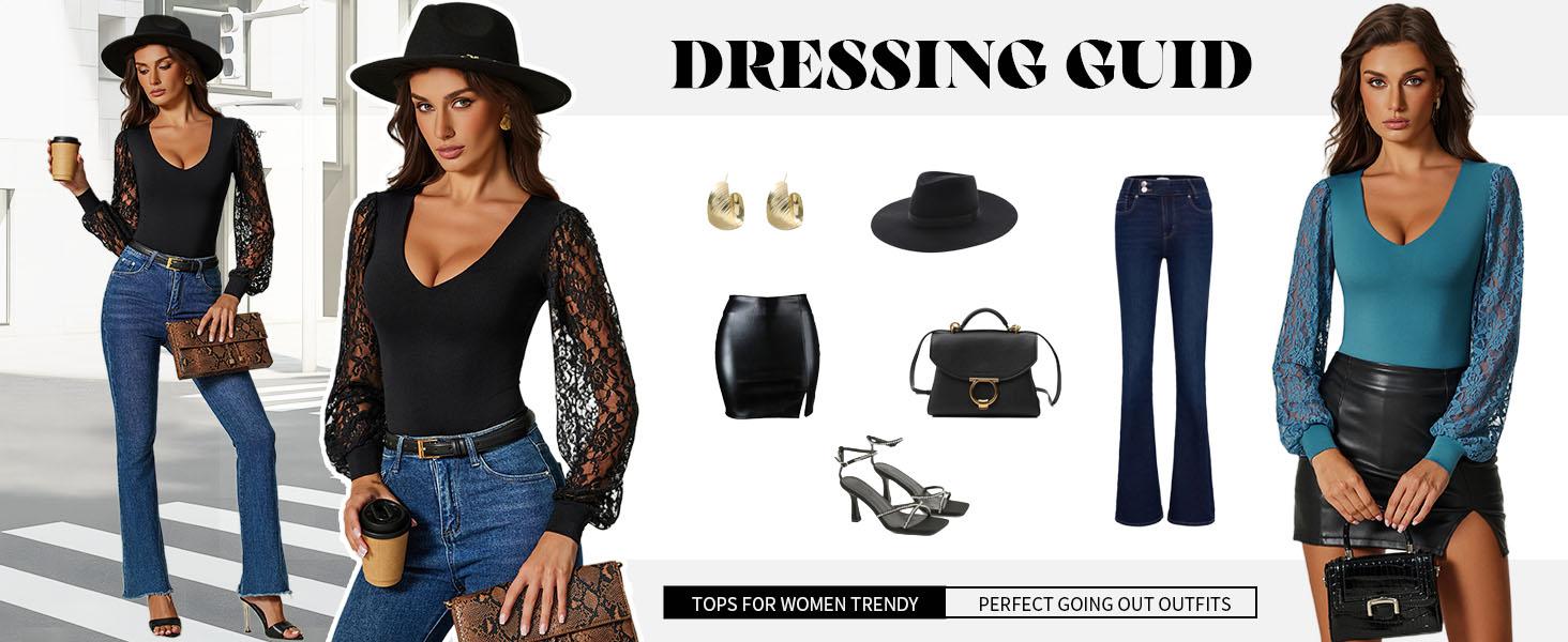 Avidlove Womens Long Sleeve Bodysuit Double Lined V Neck Lace Puff Sleeves Going Out Top Shirts Thong Leotard Body Suit