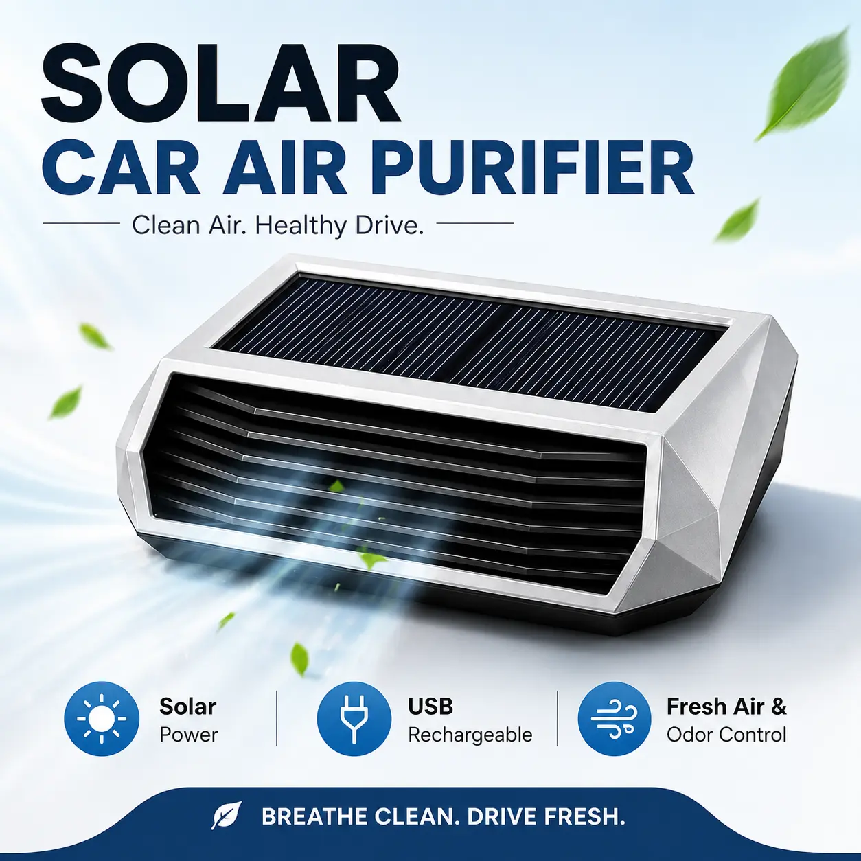 Solar-Powered Car Air Purifier with USB Rechargeable Backup, Portable Ionizer and Odor-Reducing Air Freshener for Smoke, Pet Smells and Everyday Car Interior Use, Compact Auto Air Cleaner for Cars, SUVs and Trucks