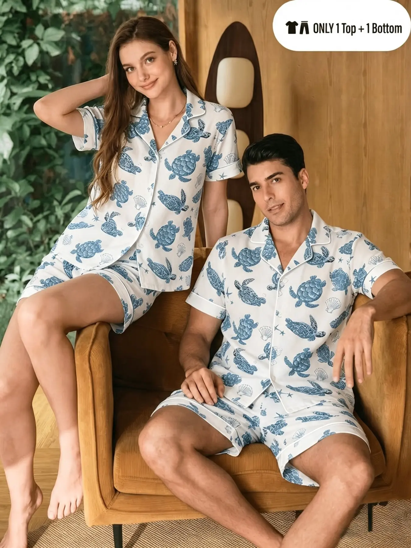 Couple Matching Pajama Set, Short Sleeve Open Front Top + Shorts, Turtle Print Soft Two-Piece Sleepwear for Men and Women