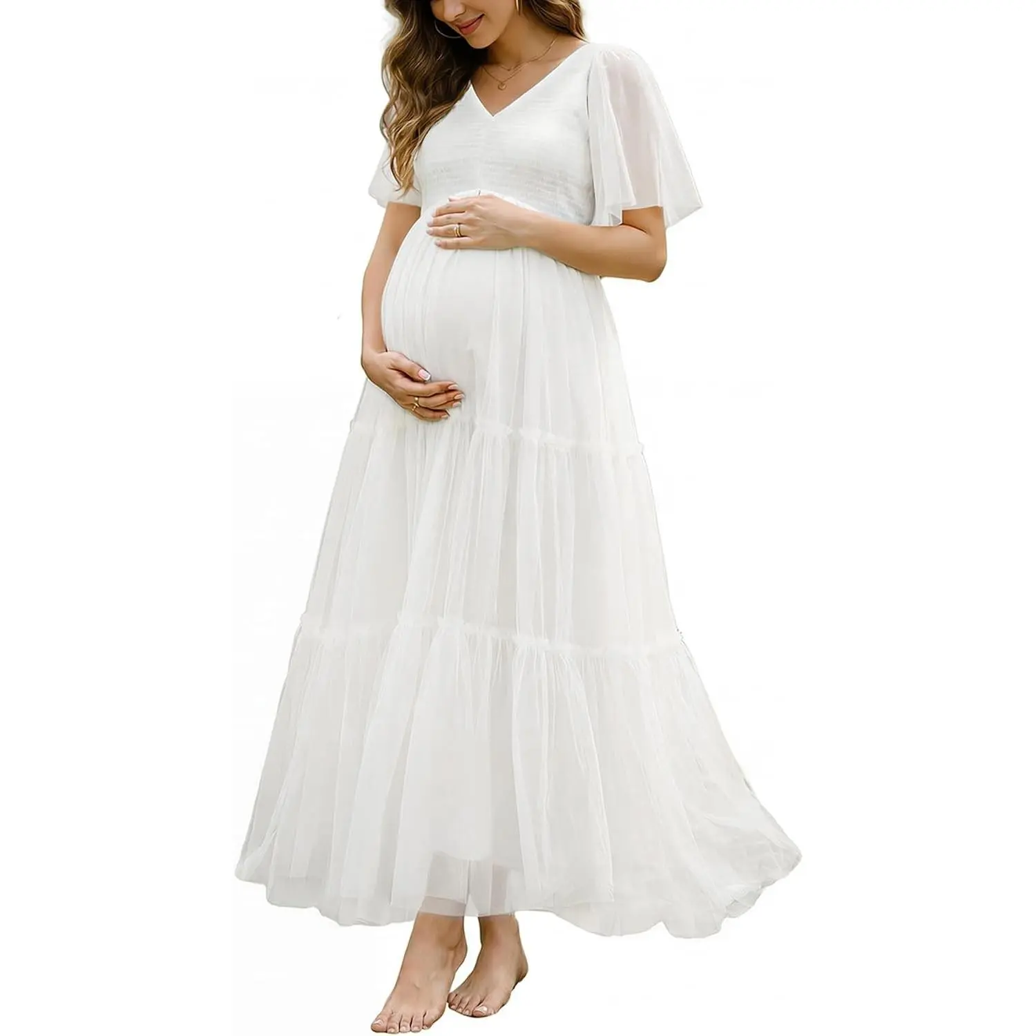 Maternity Photoshoot Baby Shower Flutter Sleeve Maxi Dress | Smocked bodice fits growing bump, elegant V-neck tiered tulle, flowing A-line cut, comfy summer pregnancy wear, postpartum