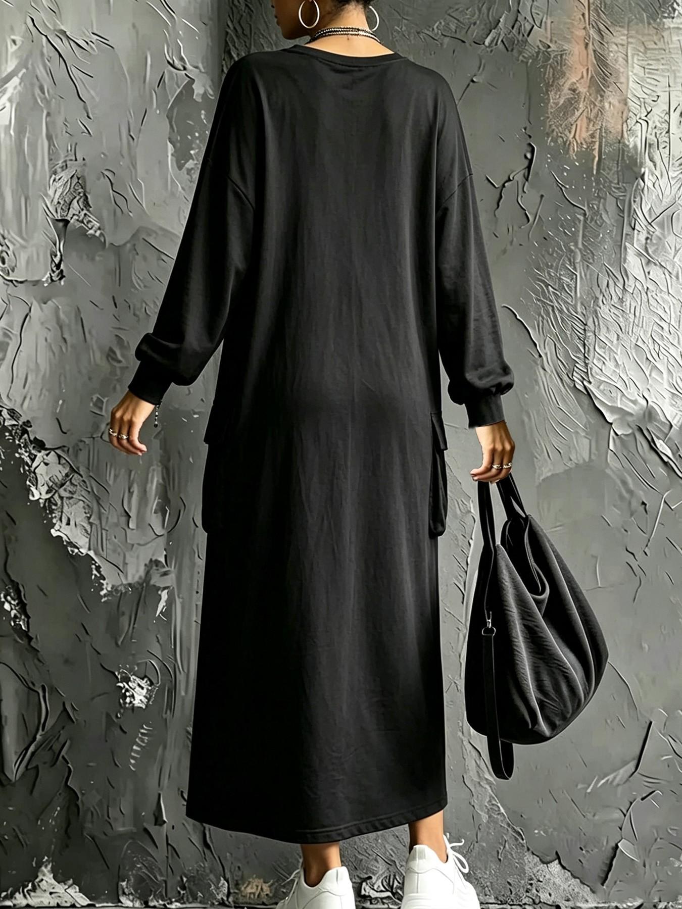 Plus Size Women's Casual Workwear Pocket Sweatshirt Dress, Long Sleeve Hiding Belly Lazy Girl Dress, Daily Home Outdoor Wear Basic