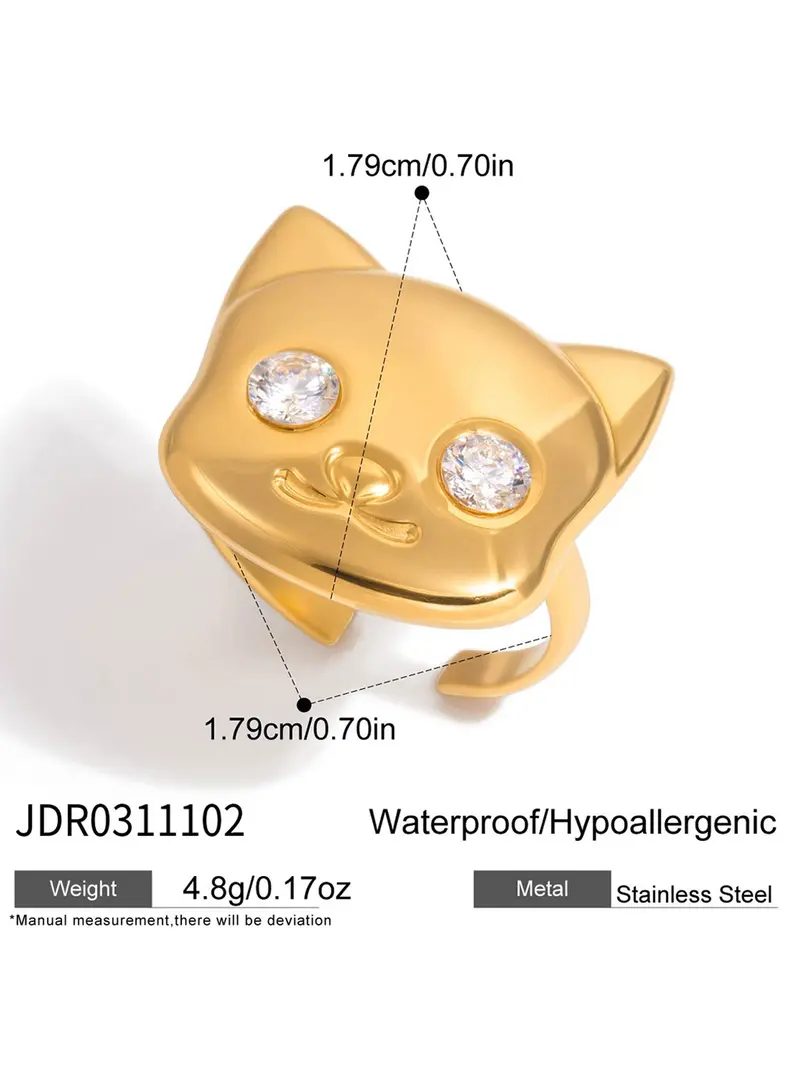 Classic 18K Plated Gold Color Cat Dog Shape Adjustable Open Ring Elegant Fashion Rings With White Zircon Stainless Steel Rings Jewelry