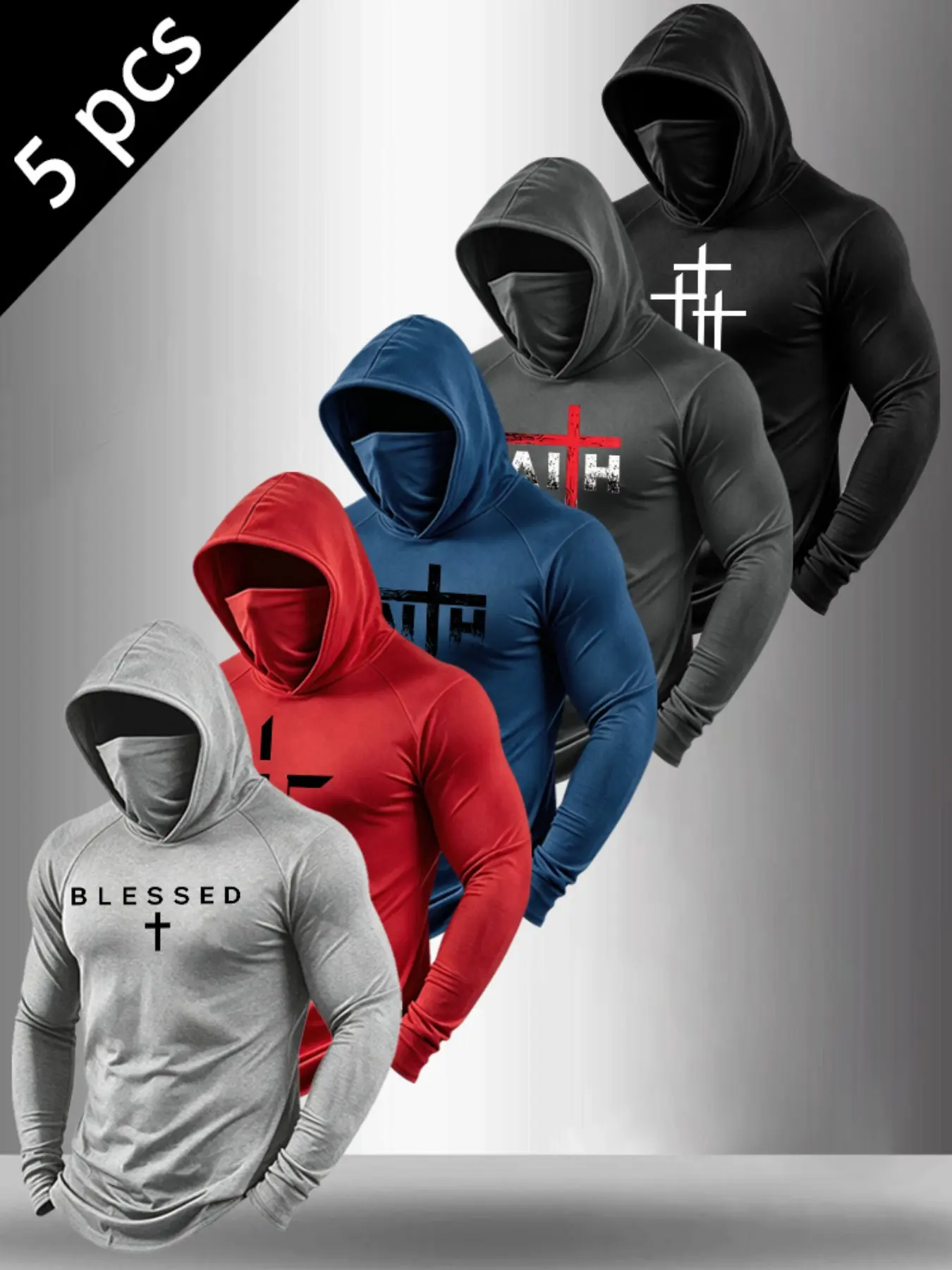 5‑Pack Men Long Sleeve Hooded Shirts, Cross Blessed Faith Letter Print, Built‑In Face Cover, Quick Dry Athletic Top, Dry Fit Performance, Stretch Sport Pullover For Workout Gym #GymHoodie #MensAthleticWear #FaithStyle #WorkoutShirt