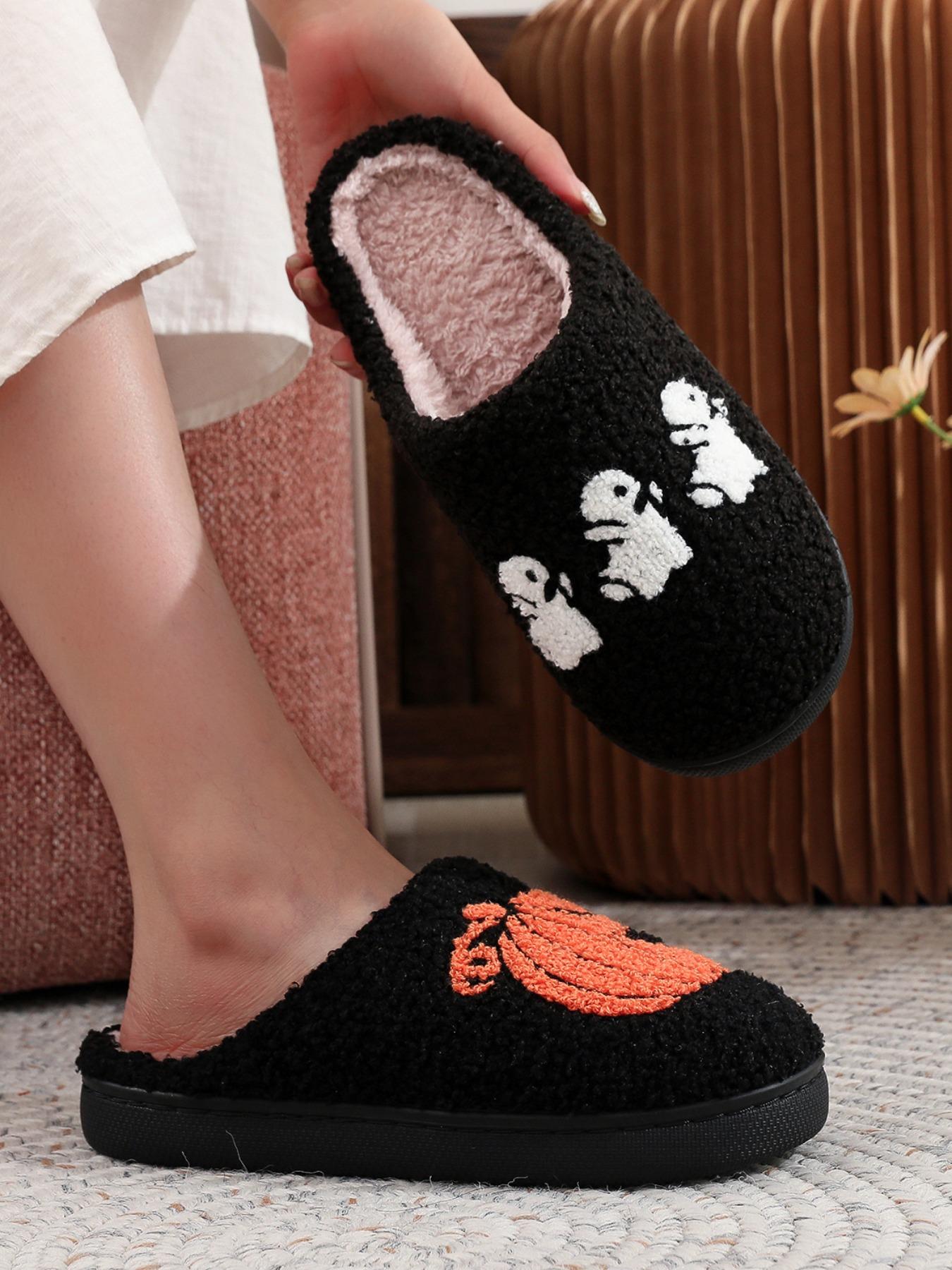 Halloween Pumpkin Ghost Embroidered Plush Slippers, Comfortable Indoor Home Shoes for Men & Women, Black