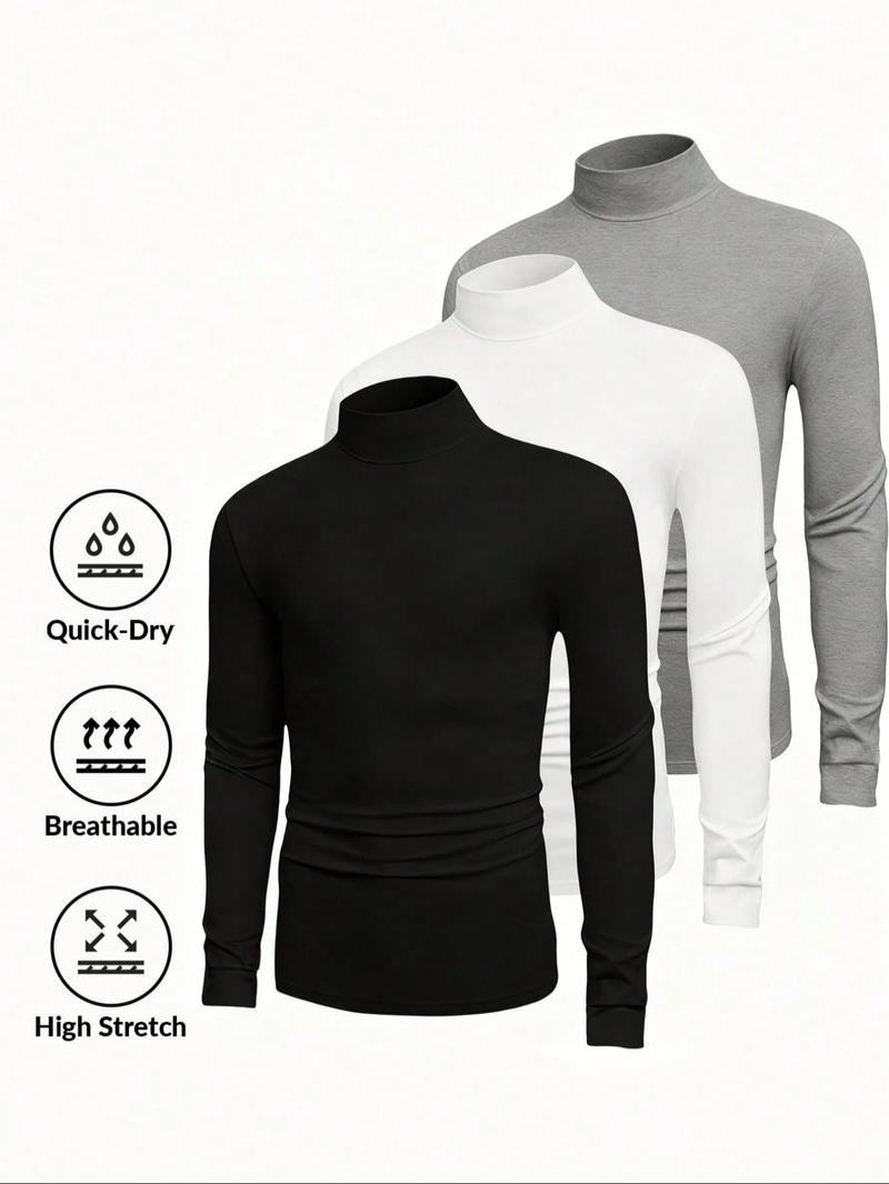 3 Pcs Men's Solid High Neck Long Sleeve Casual T-Shirt, Mens Spring&Fall Base Shirt, Men Turtleneck, Mock Neck Men, Casual Tops Men