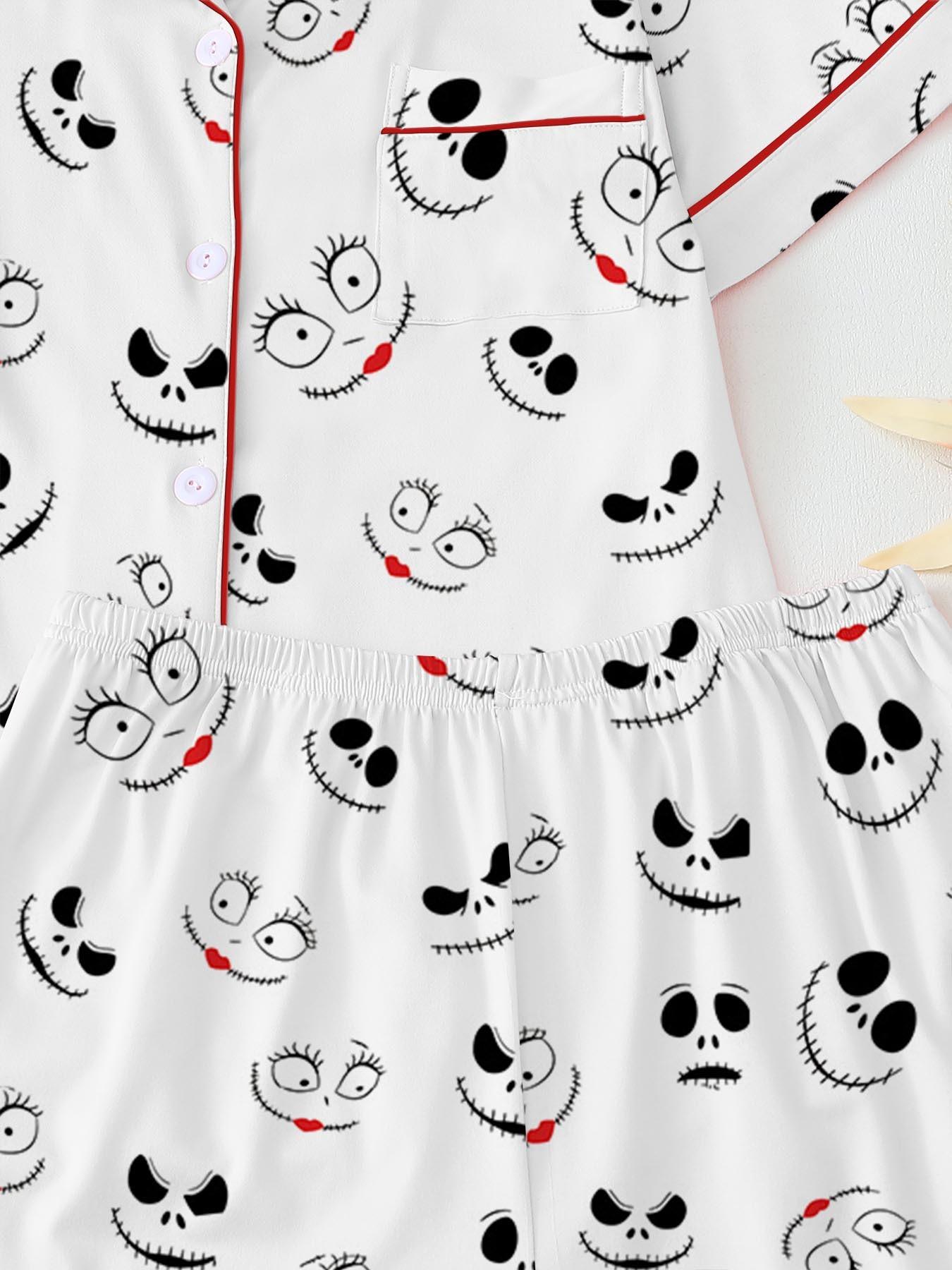 Creepy Cute Skeleton Halloween Pattern Short Sleeve Pajama Set, Spooky Stitched Face Graphic Sleepwear with Black Piping, Goth Style Summer Loungewear Set, Fun 2-Piece PJs