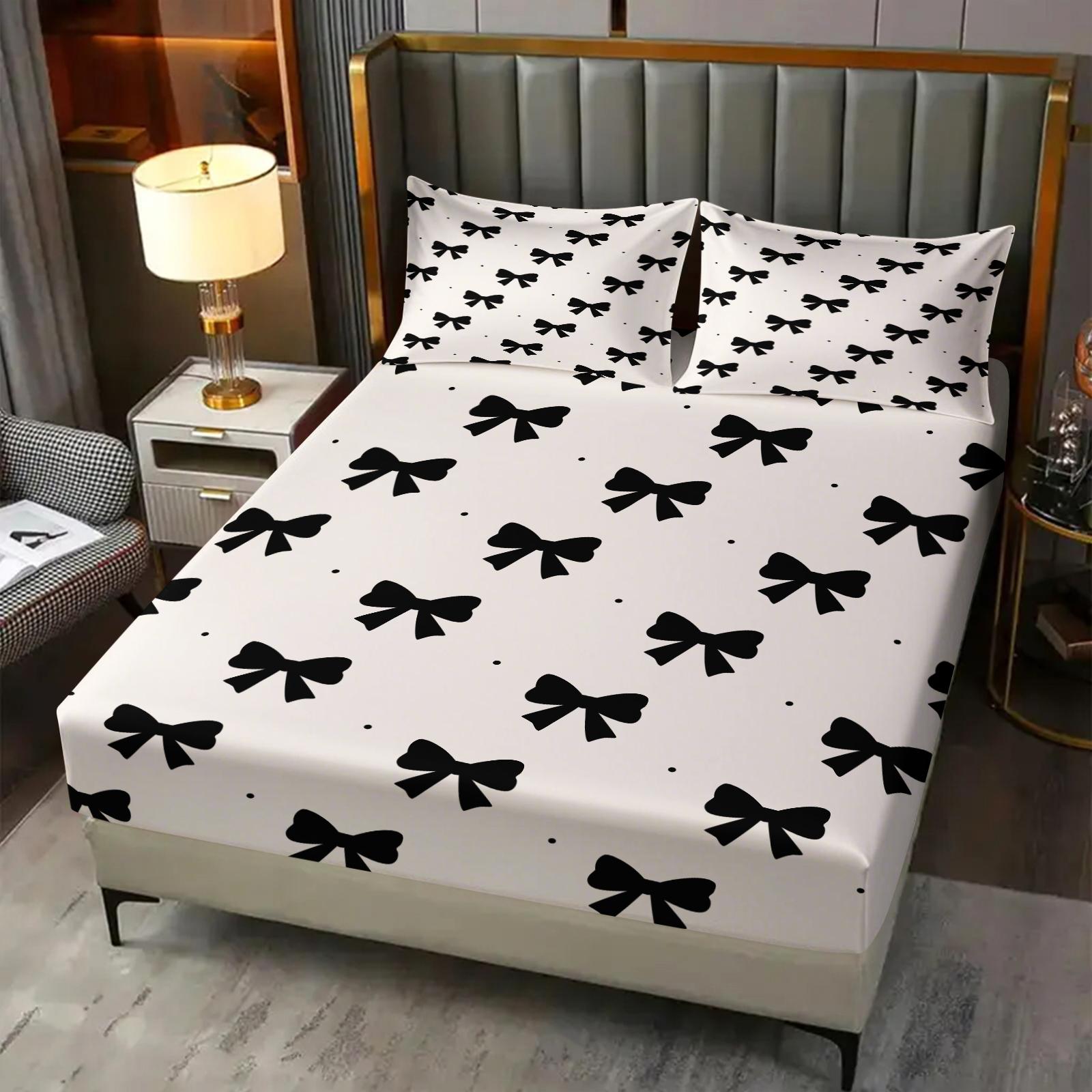 3Pcs Cute Bow Knot Fitted Sheet Set, Fresh Pastel Ribbon Deep Pocket Bed Sheet, Sweet Gift for Girls & Women for Bedroom