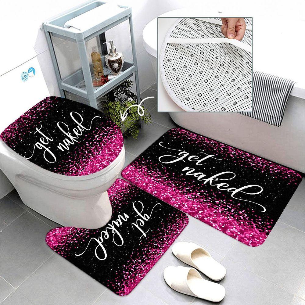 1/4pcs Pink & Black 'Get Naked' Bathroom Set, Shower Curtain with Confetti, Matching Toilet Seat Cover, 2 Bath Mats - Glamorous Playful Decor for Birthday, Party, Bridal Shower, Housewarming Gift