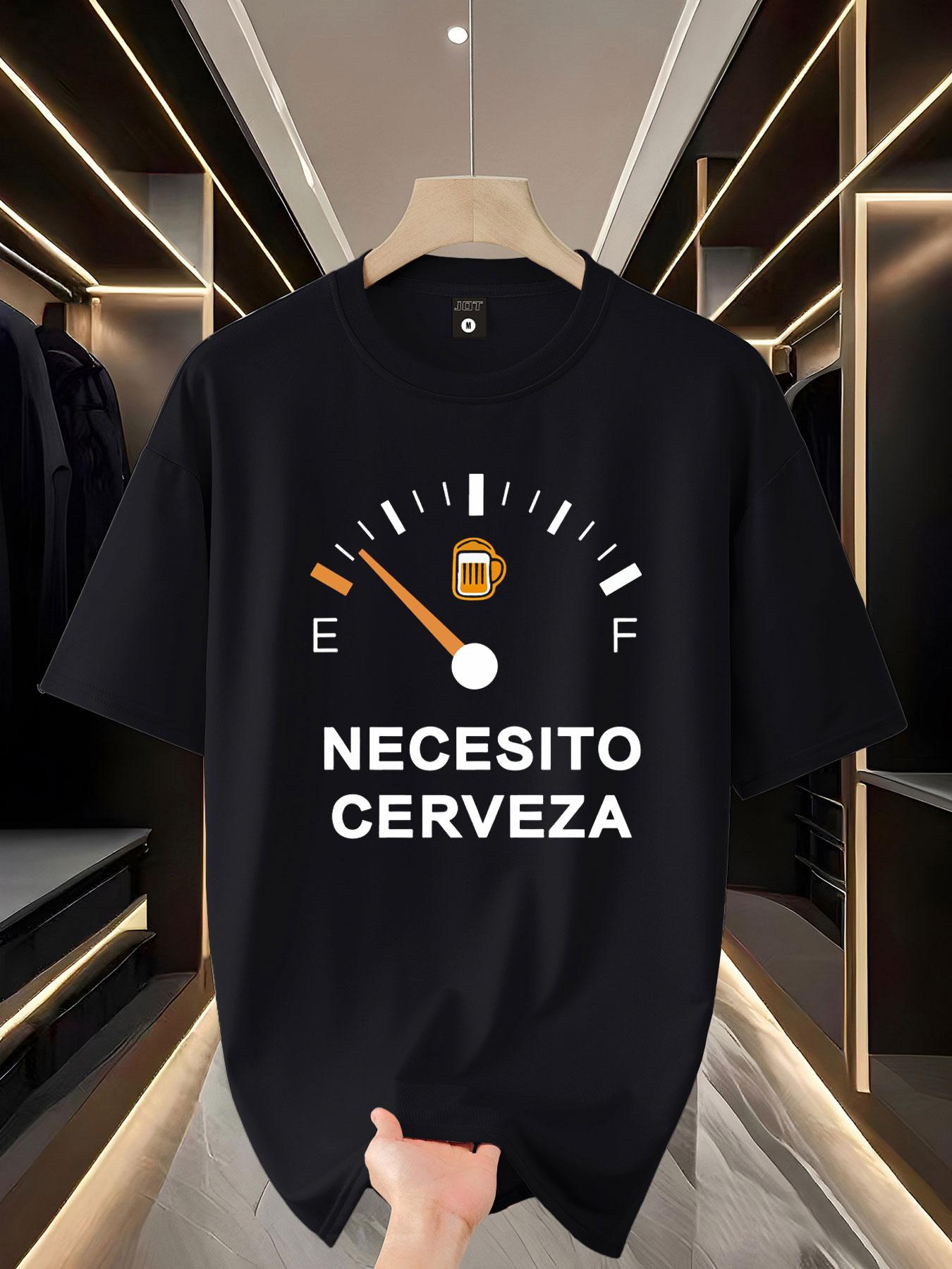 Funny Beer-Themed Short Sleeve T-Shirt, Fun Design with Spanish Text & Gas Gauge Graphic, Perfect for Casual Wear