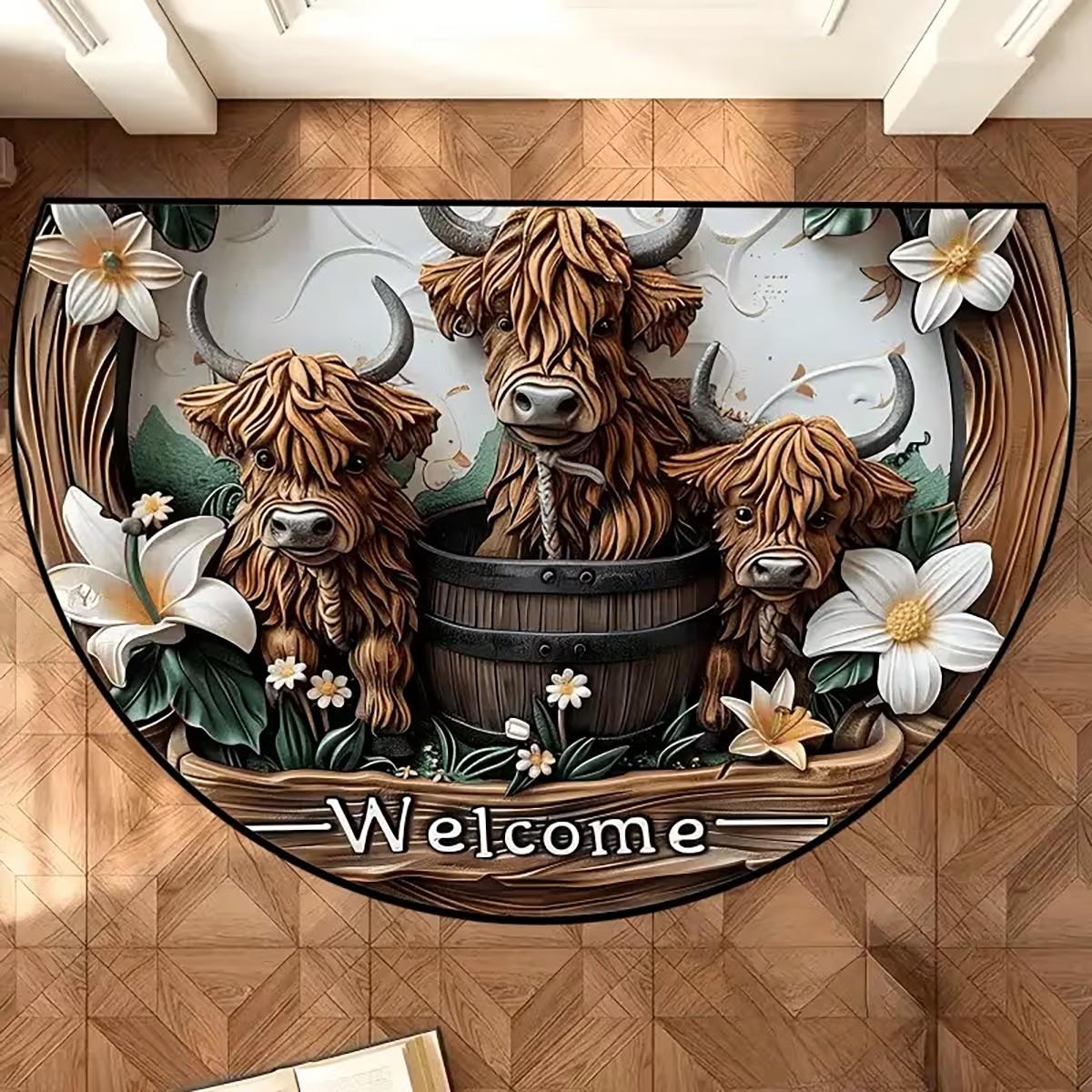 Half Round Welcome Door Mat, Vintage American Style Highland Cow Rug, Indoor Entrance Hall Carpet, Durable Fabric, Suitable for Living Room Bedroom