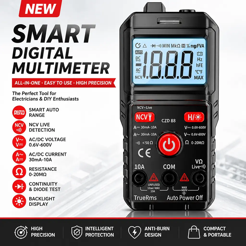 Smart Digital Multimeter True‑RMS, Auto‑Range Anti‑Burn Pocket Multimeter Mini Multifunctional Electrician Repair Tester,Pre-lit
