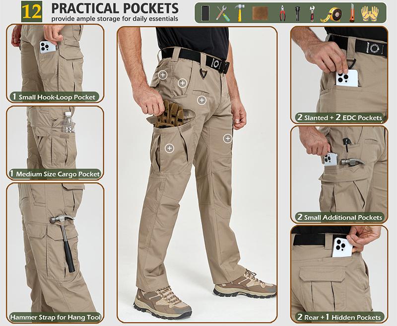 CARWORNIC Men's Stretch Ripstop Tactical Pants 12 Pockets Water-Resistant Flex EDC Utility Work Cargo Pants Lightweight Outdoor Hiking Pants
