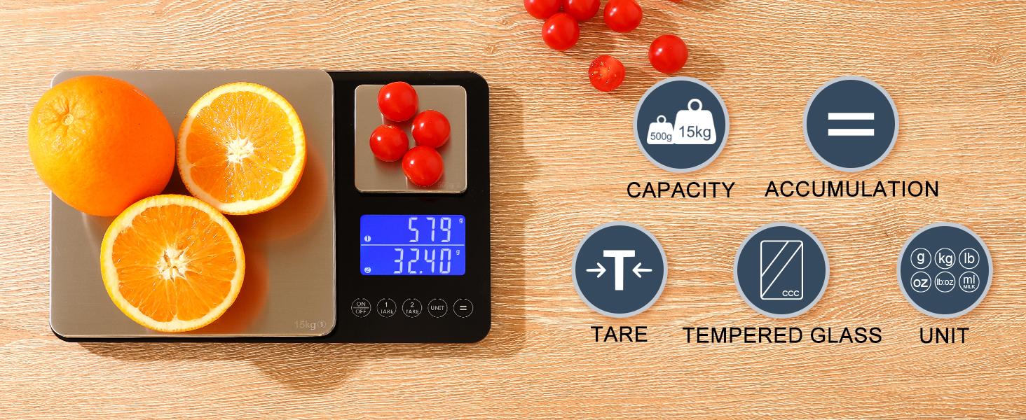 KitchenTour Dual Platform Food, 0.001oz/33lb Scales Weight Grams and Ounces for Home Cooking Baking Meal Prep Sourdough Bread, Stainless