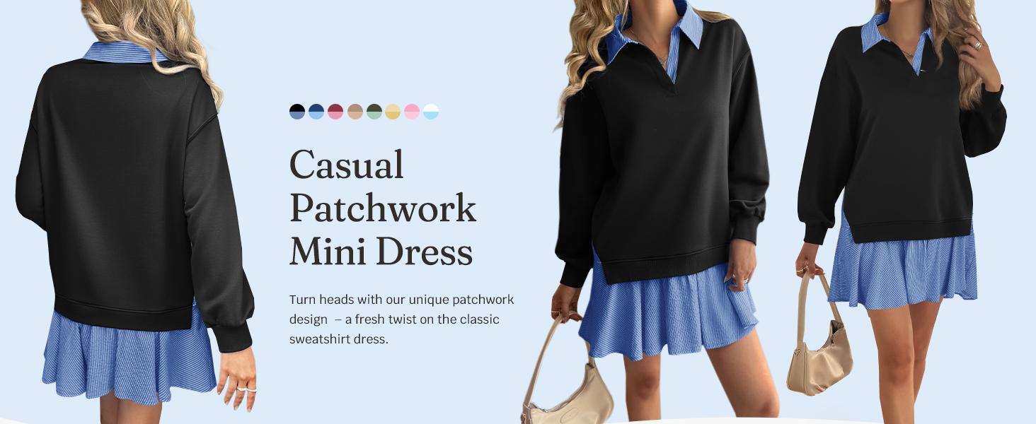 Wenrine Women's Oversized Sweatshirt Dress Casual Long Sleeve Collared V Neck Patchwork Loose Mini Dresses