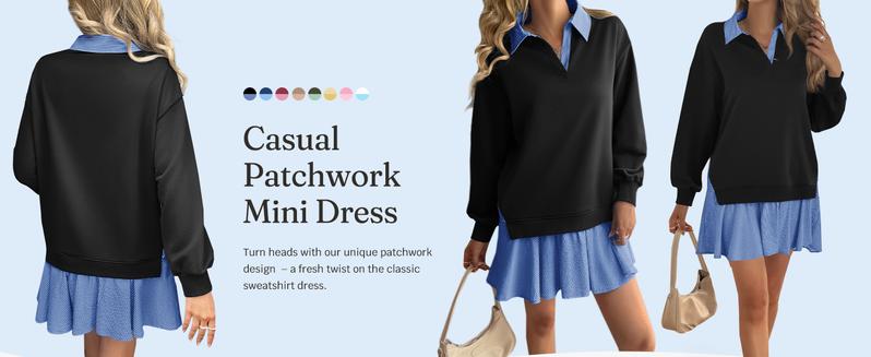 Wenrine Women's Oversized Sweatshirt Dress Casual Long Sleeve Collared V Neck Patchwork Loose Mini Dresses