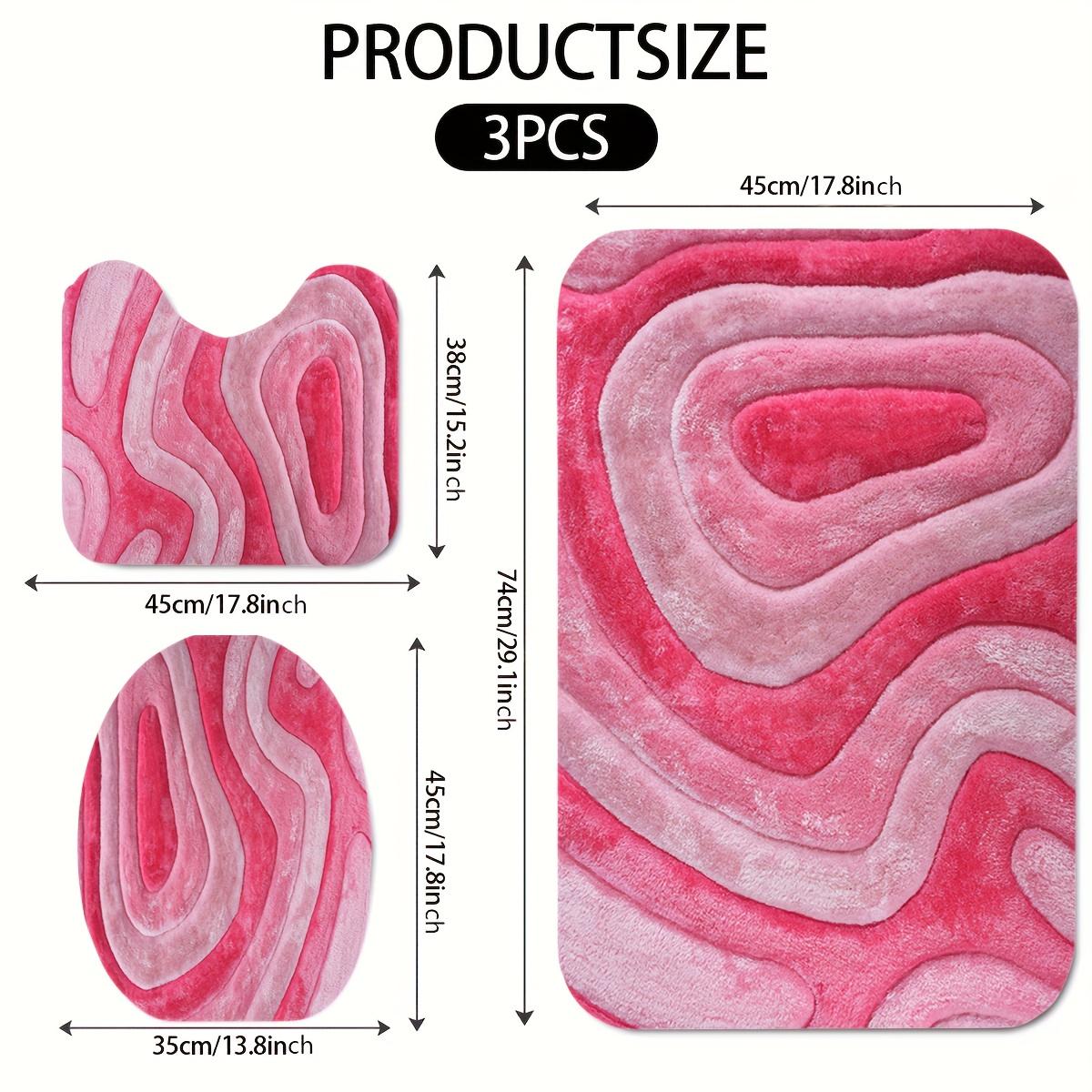 2D Flat, 3pcs Bathroom Mat Set in Soft-Toned Abstract Pink Ripple Print, Includes Toilet Lid Cover and U-Shaped Toilet Mat, Made of Flannel with Soft Surface, Thanksgiving Decoration, 2D Flat