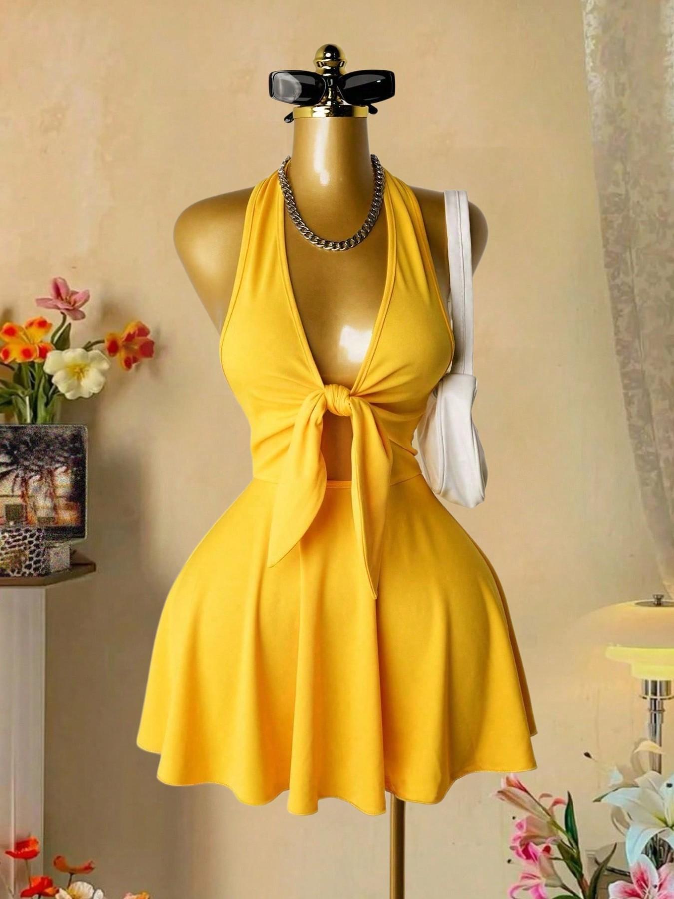 Sexy Halter Deep V Neck Hollow Out A-Line Dress, Summer Streetwear Short Dress, Trendy Single Piece, Graphic, Perfect for Casual, Chic Casual Outfits