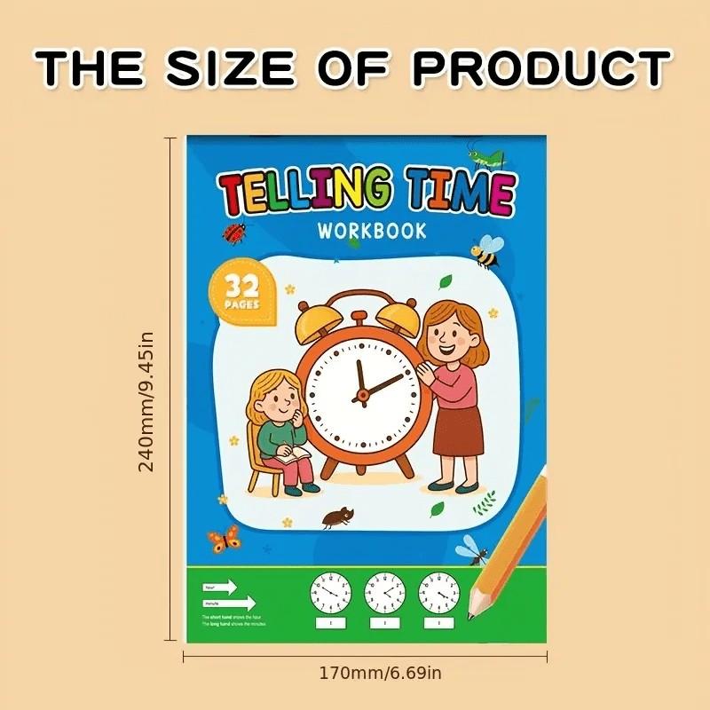 32 Page Math Clock Time Practice Book, Fun Mathematics Book for Preschool to Grade 1, Arithmetic Book, Suitable for Home or School Use