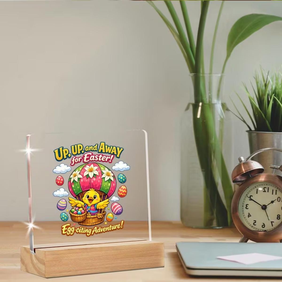 Cartoon Chick Hot Air Balloon Easter Eggs Display Plaque with Base, Kawaii Festive Design with Colorful Clouds & Cheerful Typography, Clear Panel with Natural Stand