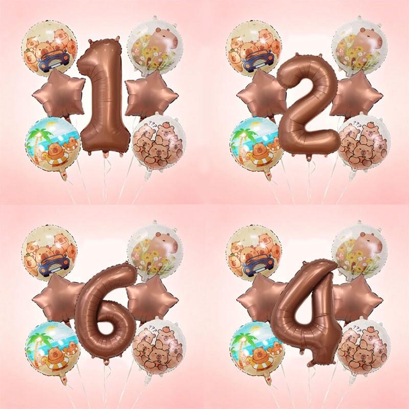 9-Piece Capybara Birthday Balloon Set, 32-Inch Chocolate Number, Shiny Star Aluminum Balloons, Party Decor, Kids Photo Props, Home Wall Decoration, Birthday Party Decorations