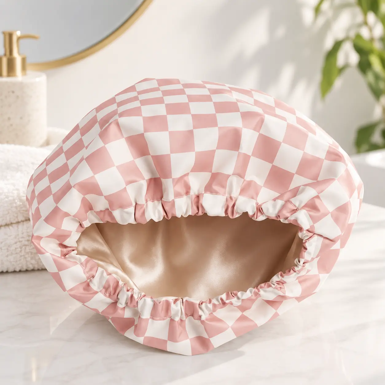 Luxury Satin-Lined Shower Cap for Women, Reusable Waterproof Quick-Dry Hair Cap, Comfortable Secure Fit for Long, Short, Curly & Thick Hair, Pink Checkerboard